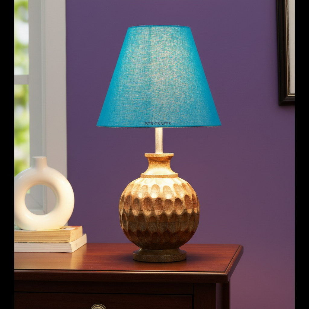 Artisan Carved Wood Table Lamp – Elegant Bedroom & Living Room Accent Light, Pack Of 1(Teal) - Image 7