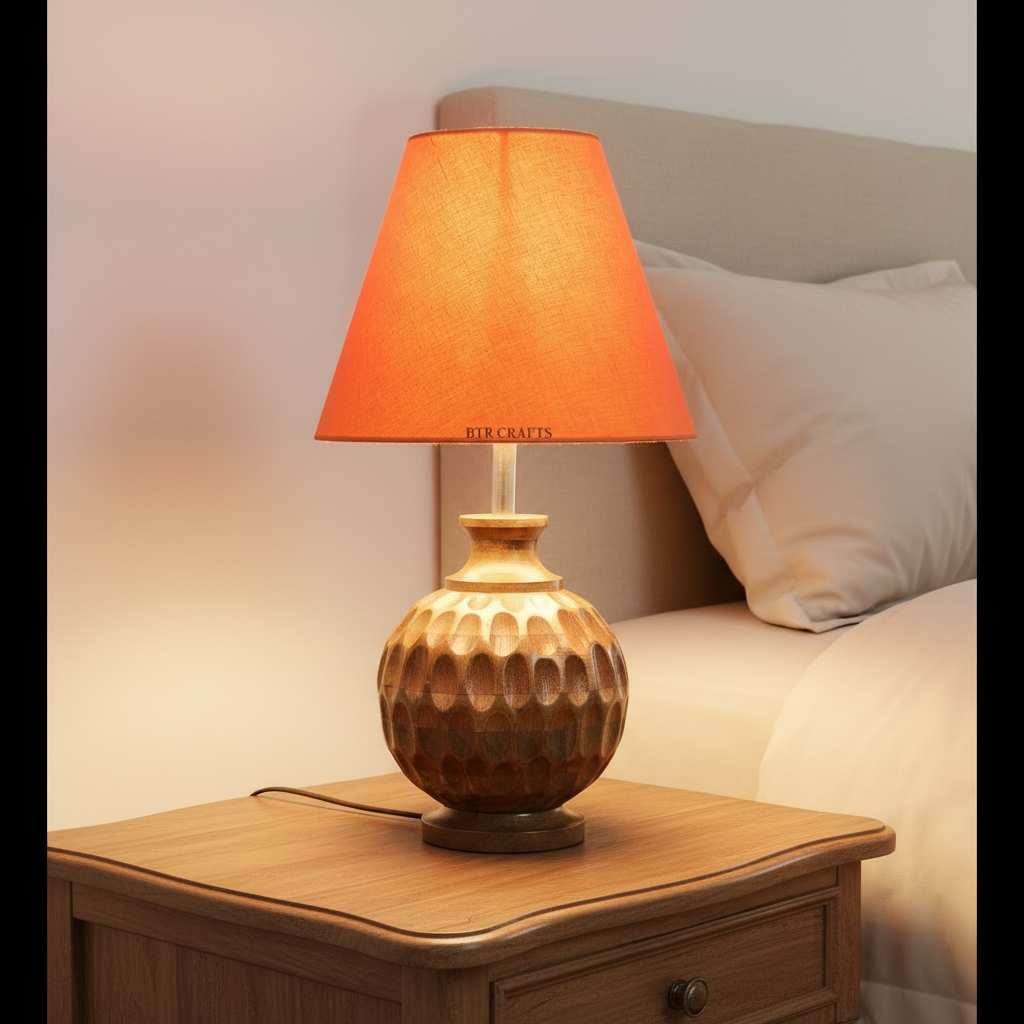 Artisan Carved Wood Table Lamp – Elegant Bedroom & Living Room Accent Light, Pack Of 1(Orange) - Image 5