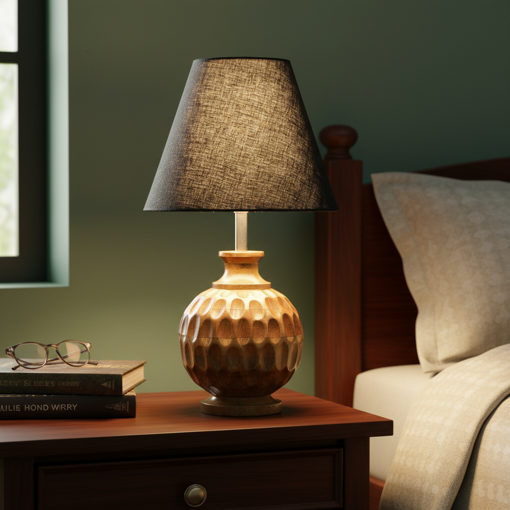 Artisan Carved Wood Table Lamp – Elegant Bedroom & Living Room Accent Light, Pack Of 1(Black) - Image 2