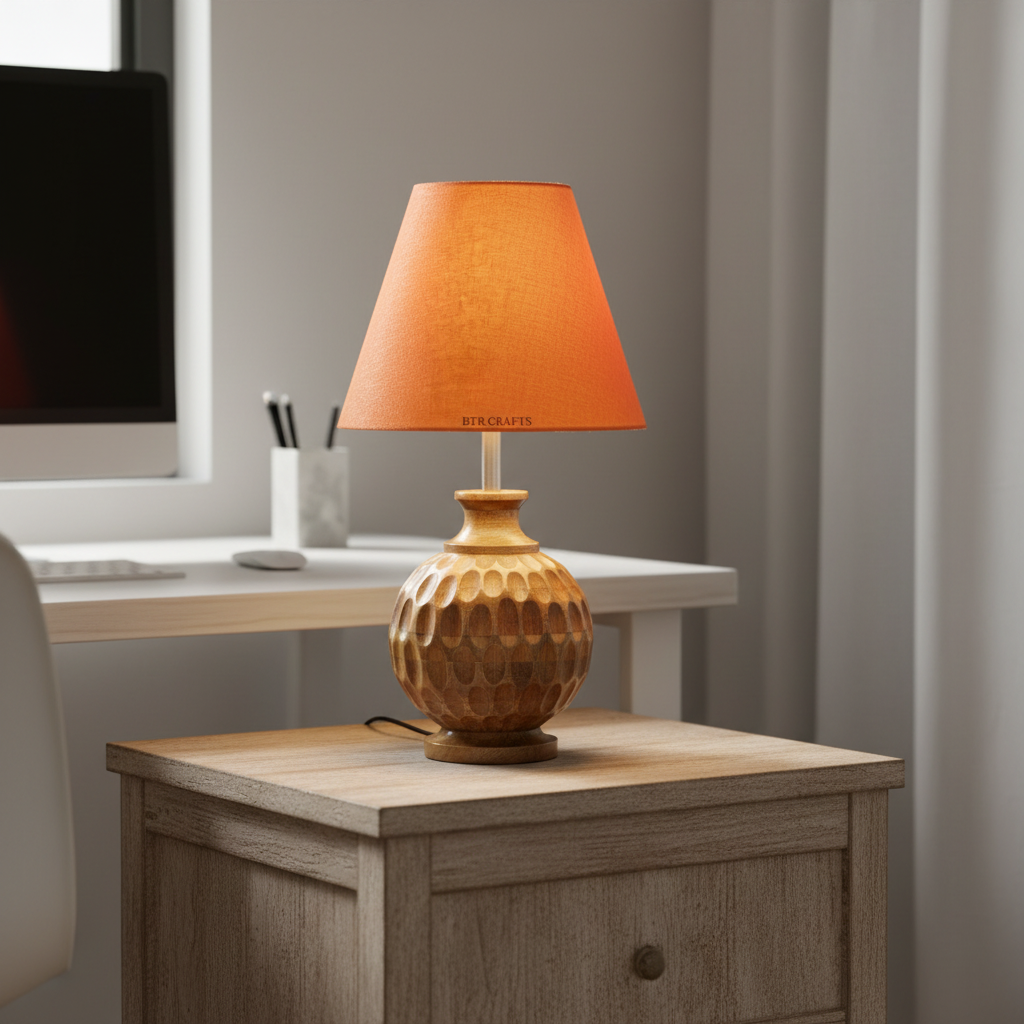 Artisan Carved Wood Table Lamp – Elegant Bedroom & Living Room Accent Light, Pack Of 1(Orange) - Image 9