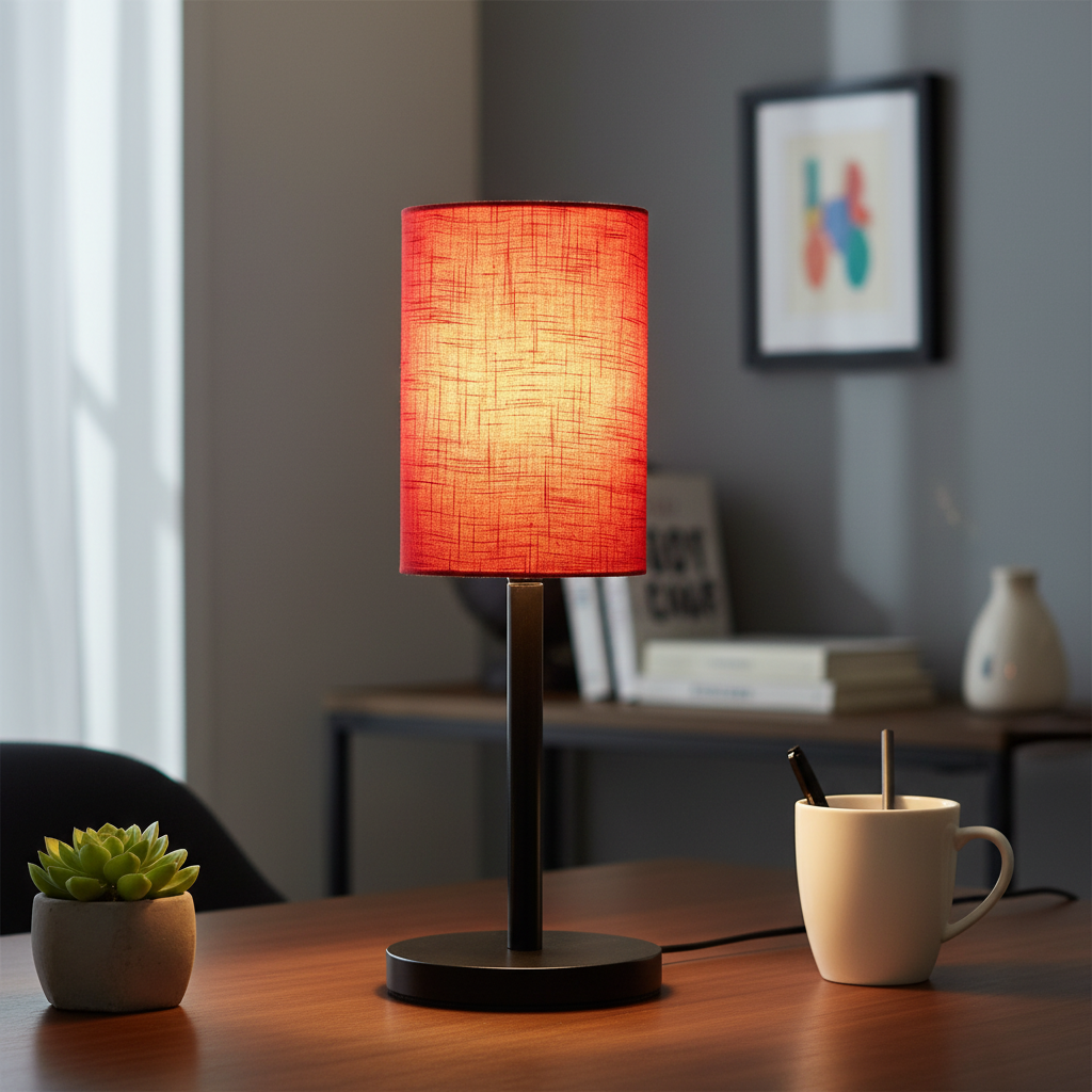Black Bedside Lamp with Cylinder Fabric Shade Minimalist Lamp for Bedroom, Living Room & Office – Warm Ambient Nightstand Light(Red Texture)