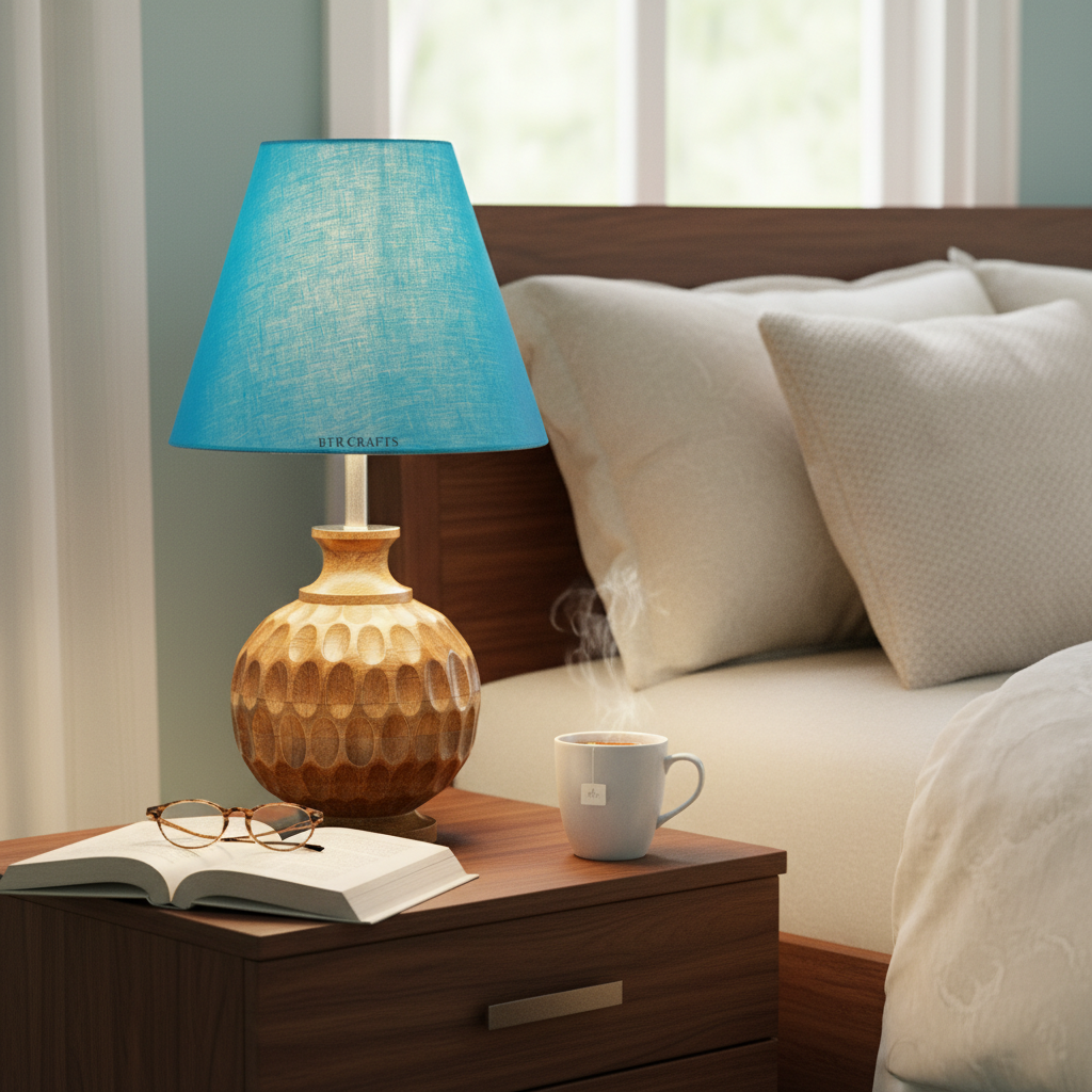 Artisan Carved Wood Table Lamp – Elegant Bedroom & Living Room Accent Light, Pack Of 1(Teal) - Image 8