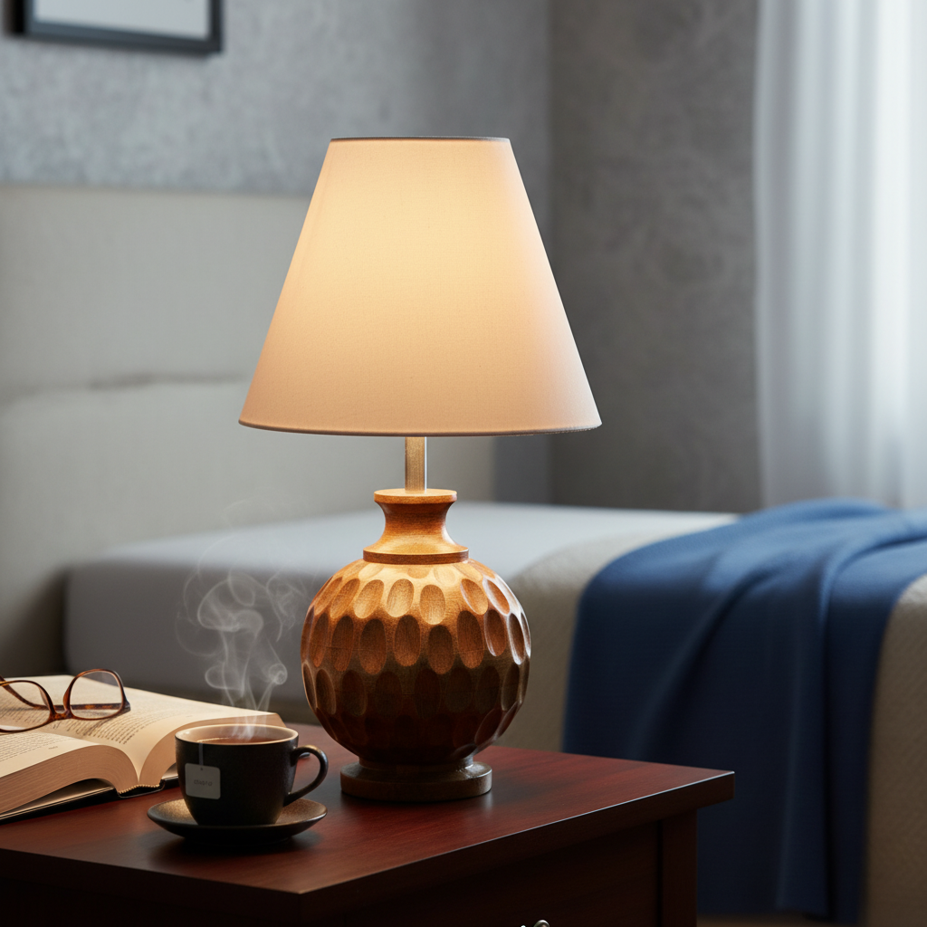 Artisan Carved Wood Table Lamp – Elegant Bedroom & Living Room Accent Light, Pack Of 1(Cream) - Image 5