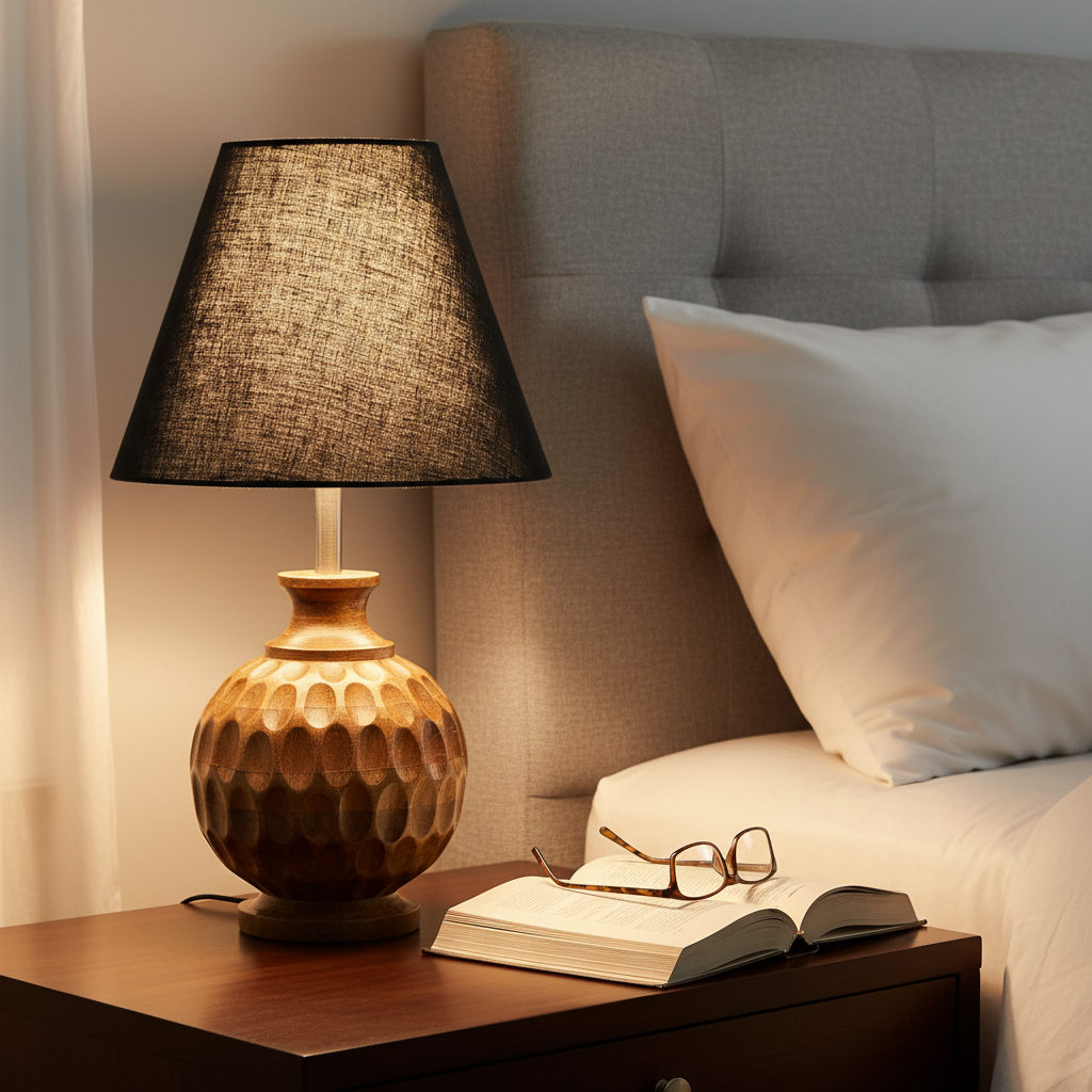 Artisan Carved Wood Table Lamp – Elegant Bedroom & Living Room Accent Light, Pack Of 1(Black) - Image 8