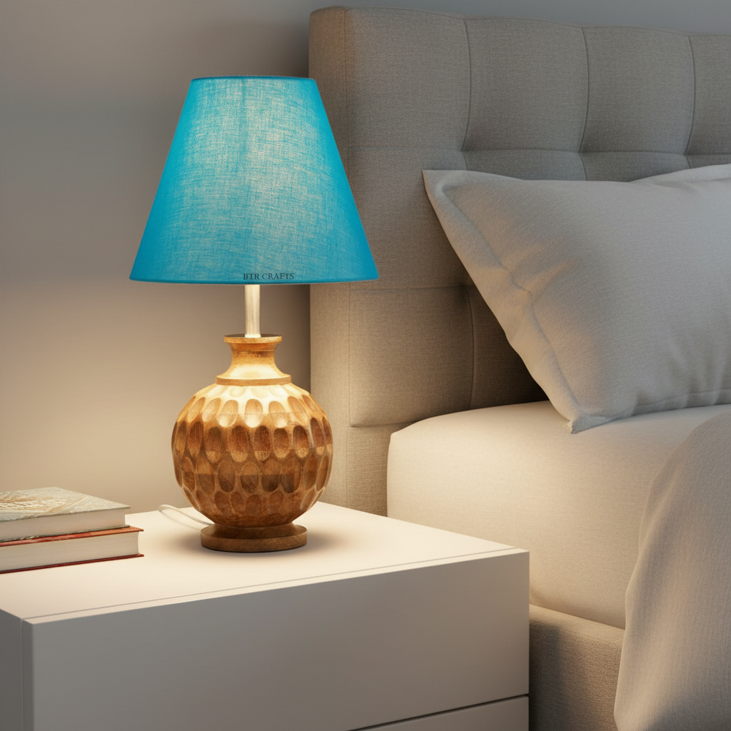 Artisan Carved Wood Table Lamp – Elegant Bedroom & Living Room Accent Light, Pack Of 1(Teal) - Image 10