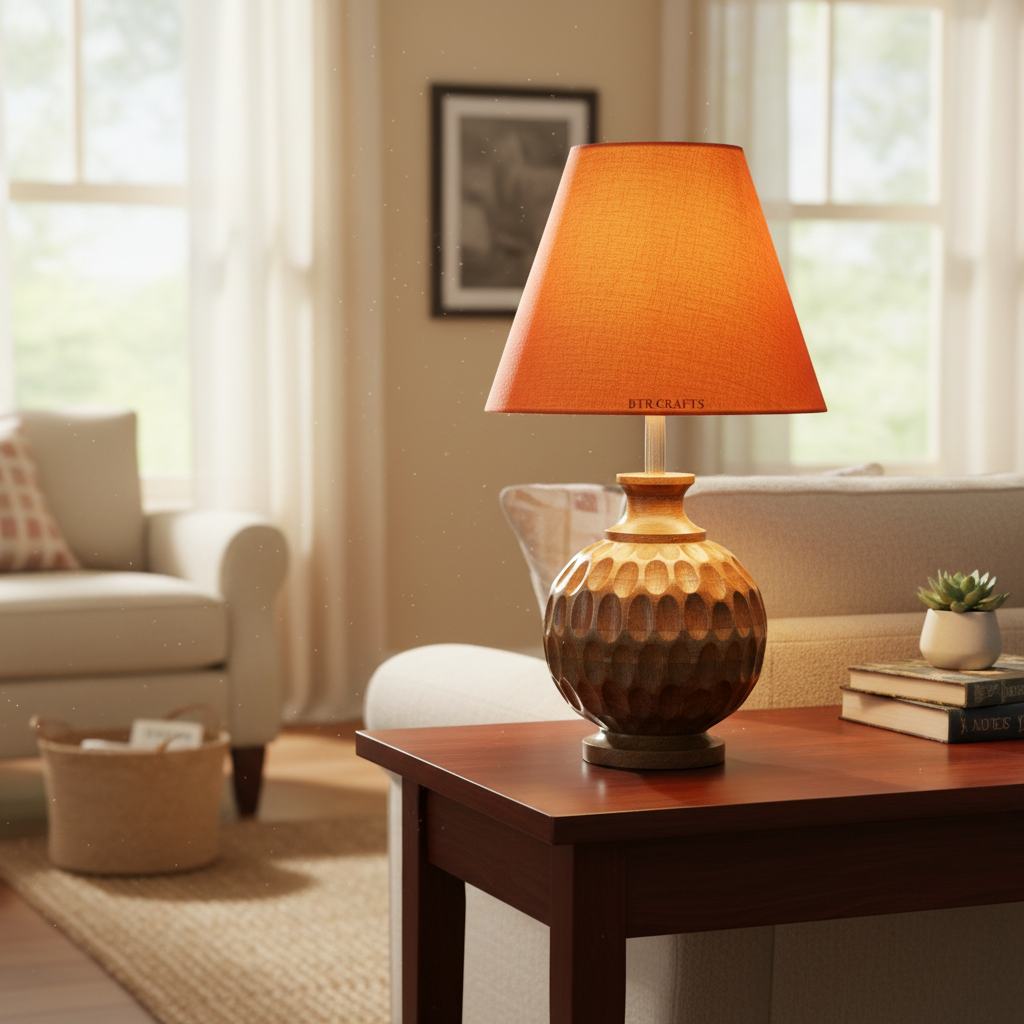 Artisan Carved Wood Table Lamp – Elegant Bedroom & Living Room Accent Light, Pack Of 1(Orange) - Image 6