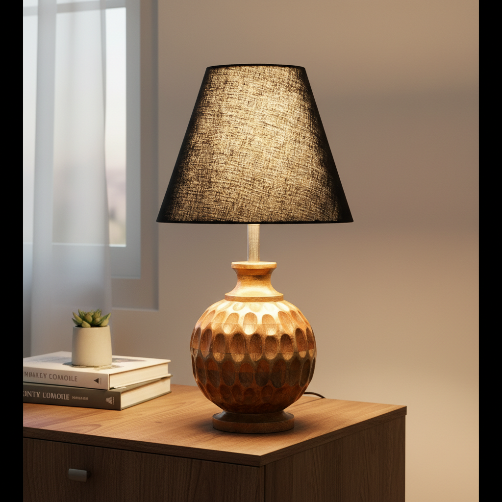 Artisan Carved Wood Table Lamp – Elegant Bedroom & Living Room Accent Light, Pack Of 1(Black) - Image 9