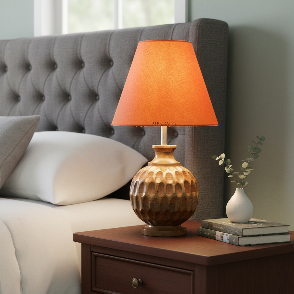 Artisan Carved Wood Table Lamp – Elegant Bedroom & Living Room Accent Light, Pack Of 1(Orange) - Image 2