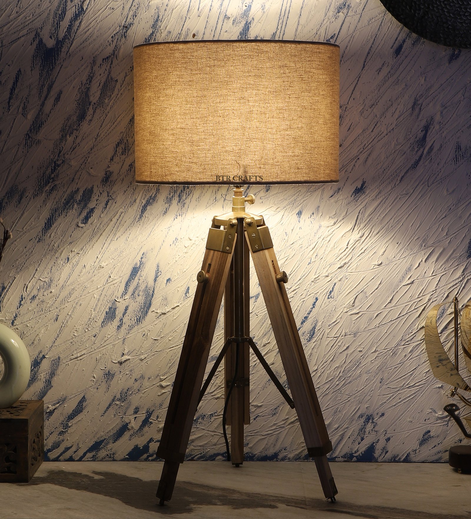 Natural Teak Wood Tripod Table Lamp, Modern Design Standing Lamp For Bedroom, Dining And Living Room
