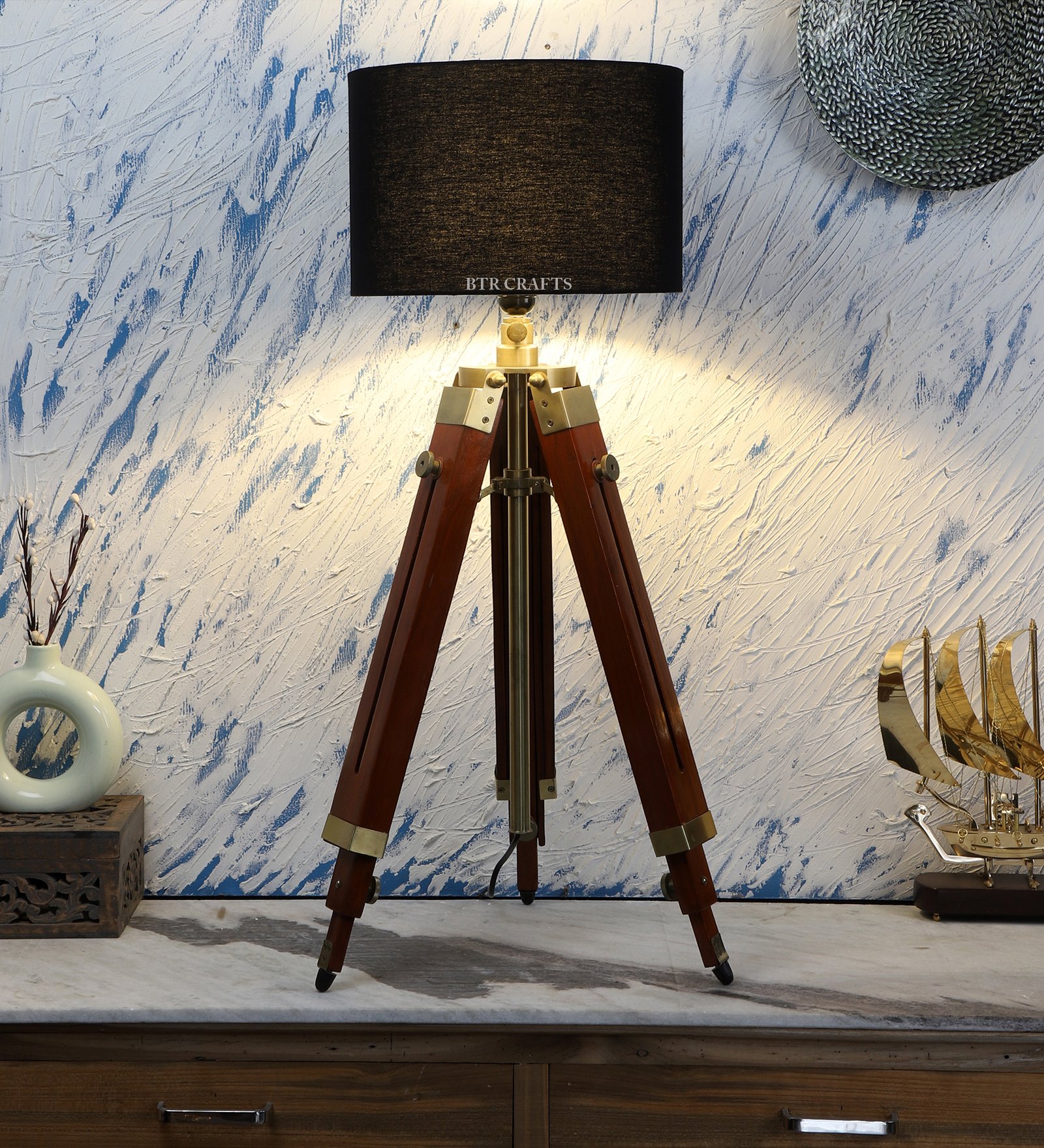 Teak Wood Tripod Table Lamp, Modern Design Standing Lamp For Bedroom, Dining And Living Room - Image 3