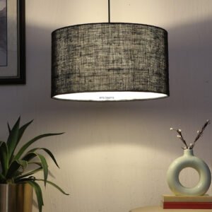 16 Inches Pendant/Hanging Ceiling Light Fixture, Black Jute Drum Shade, for Bedroom, Kitchen, Living Room, Dining Table, Lobby, Kitchen, Silver/Black Canopy