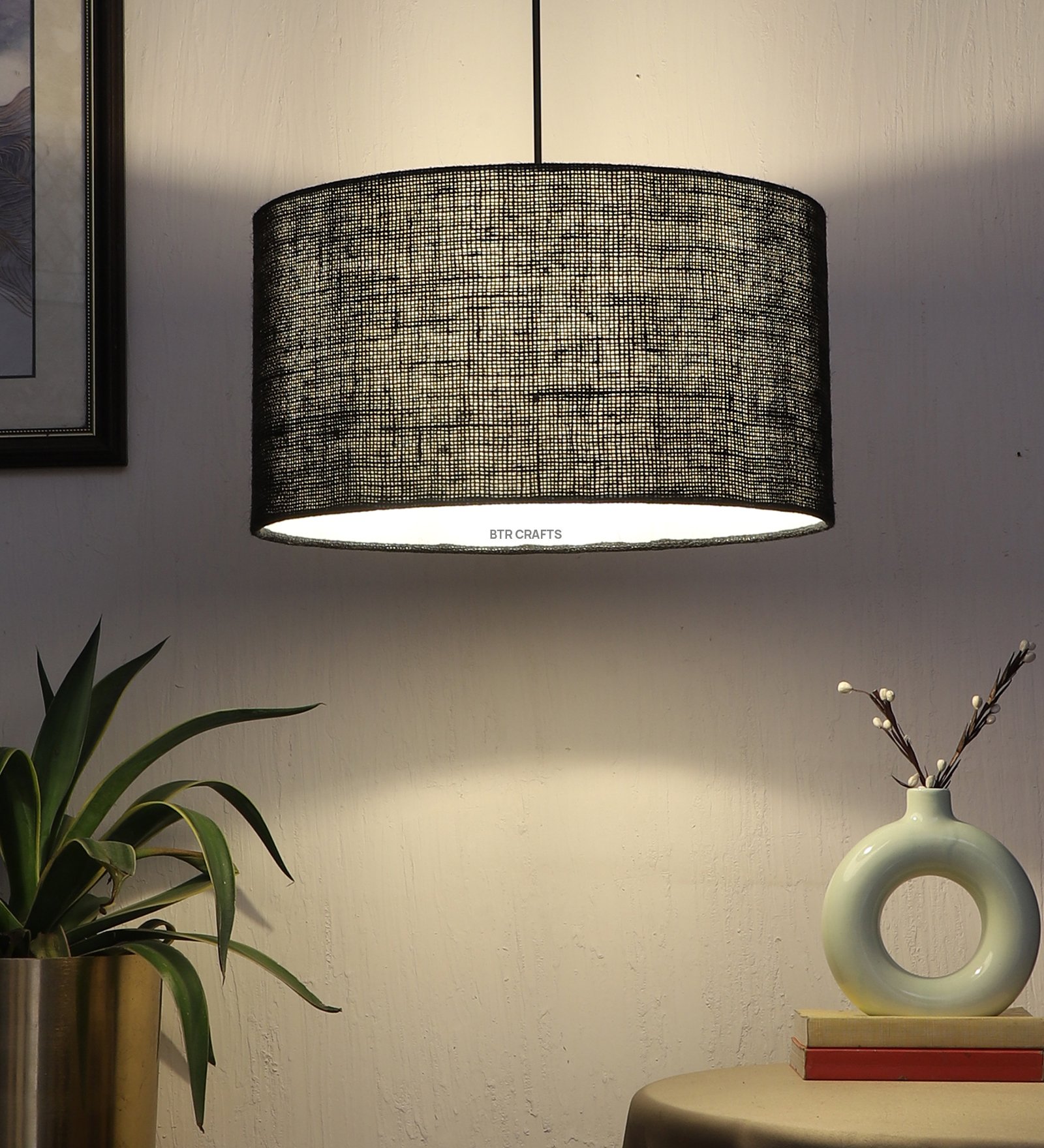 16 Inches Pendant/Hanging Ceiling Light Fixture, Black Jute Drum Shade, for Bedroom, Kitchen, Living Room, Dining Table, Lobby, Kitchen, Silver/Black Canopy