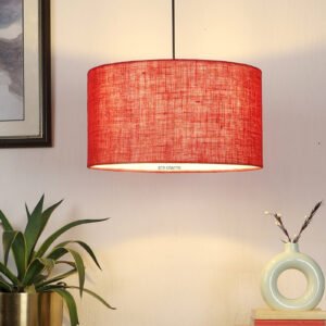 16 Inches Pendant/Hanging Ceiling Light Fixture, Red Jute Drum Shade, for Bedroom, Kitchen, Living Room, Dining Table, Lobby, Kitchen, Silver/Black Canopy