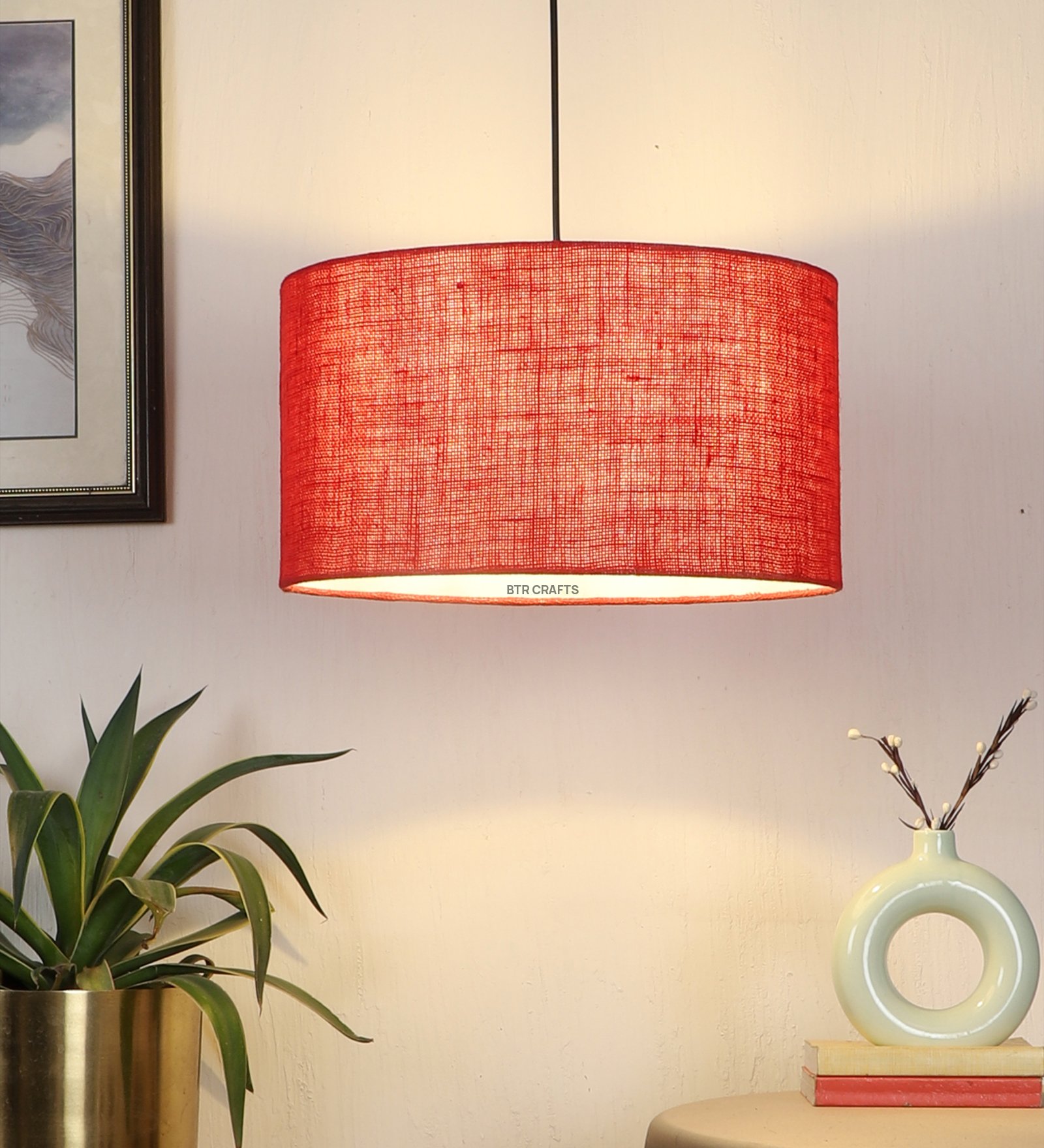 16 Inches Pendant/Hanging Ceiling Light Fixture, Red Jute Drum Shade, for Bedroom, Kitchen, Living Room, Dining Table, Lobby, Kitchen, Silver/Black Canopy