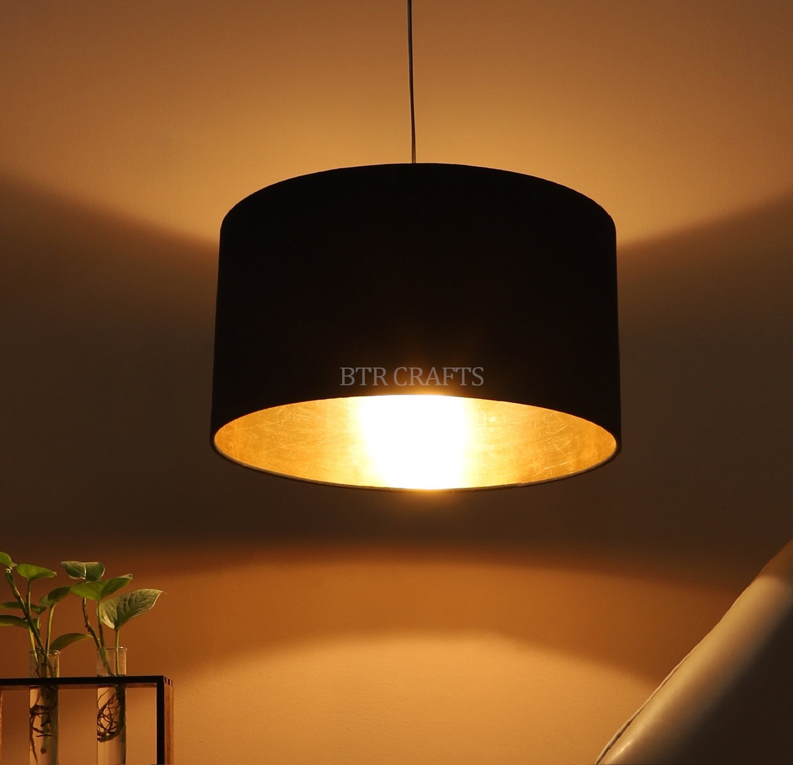14 Inches Pendant/Hanging Ceiling Light Fixture, Inner Gold Drum Shade for Bedroom, Kitchen, Living Room, Dining Table, Lobby, Kitchen, Black/Silver Canopy