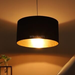 16 Inches Pendant/Hanging Ceiling Light Fixture, Inner Gold Drum Shade, for Bedroom, Kitchen, Living Room, Dining Table, Lobby, Kitchen, Silver/Black Canopy