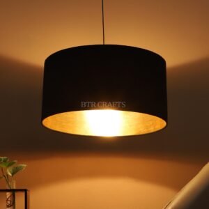 18 Inches Pendant/Hanging Ceiling Light Fixture, Inner Gold Drum Shade for Bedroom, Kitchen, Living Room, Dining Table, Lobby, Kitchen, Black/Silver Canopy