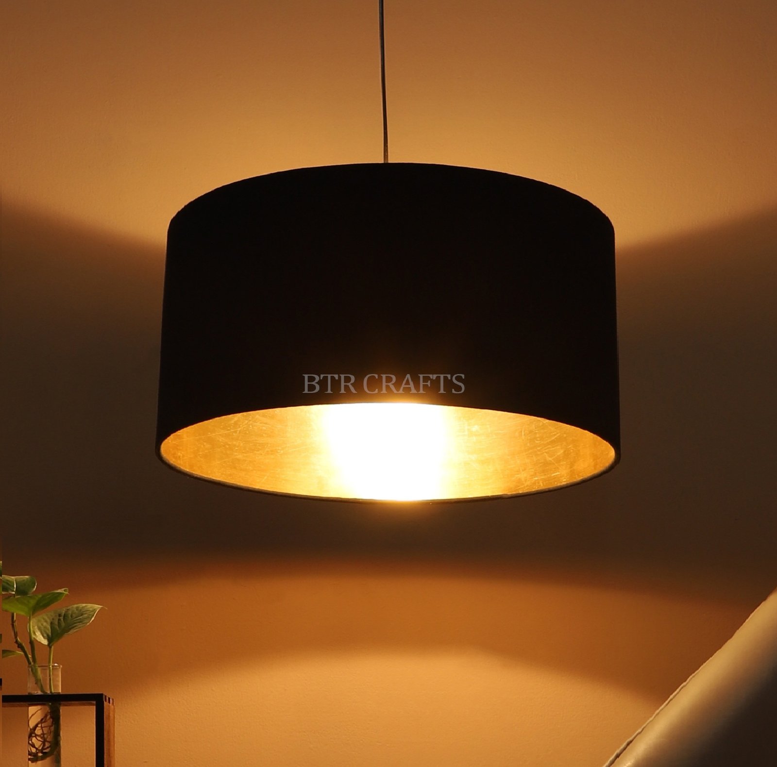 18 Inches Pendant/Hanging Ceiling Light Fixture, Inner Gold Drum Shade for Bedroom, Kitchen, Living Room, Dining Table, Lobby, Kitchen, Black/Silver Canopy