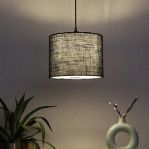 10 Inches Pendant/Hanging Ceiling Light Fixture, Black Jute Drum Shade, for Bedroom, Kitchen, Living Room, Dining Table, Lobby, Kitchen, Silver/Black Canopy
