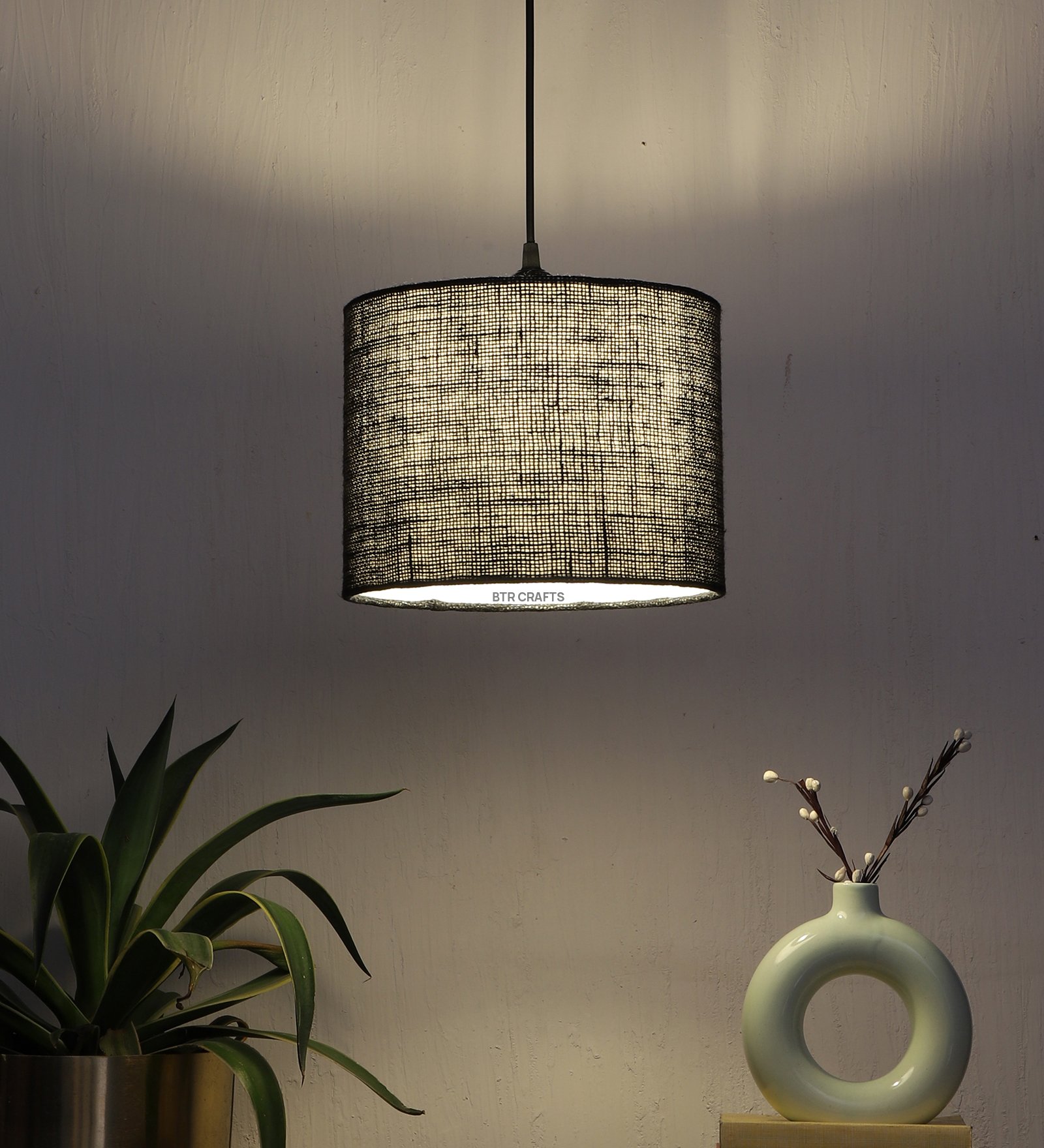 10 Inches Pendant/Hanging Ceiling Light Fixture, Black Jute Drum Shade, for Bedroom, Kitchen, Living Room, Dining Table, Lobby, Kitchen, Silver/Black Canopy