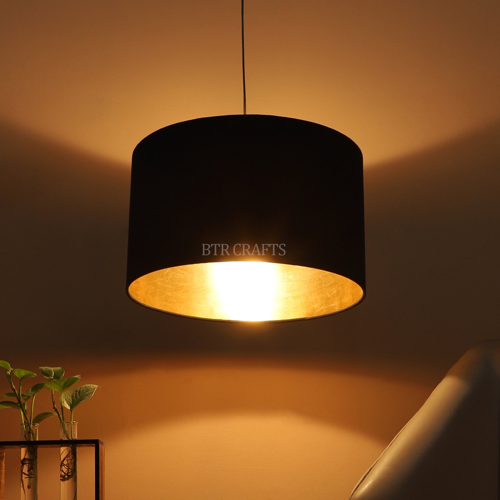 10 Inches Pendant/Hanging Ceiling Light Fixture, Inner Gold Drum Shade, for Bedroom, Kitchen, Living Room, Dining Table, Lobby, Kitchen, Silver/Black Canopy
