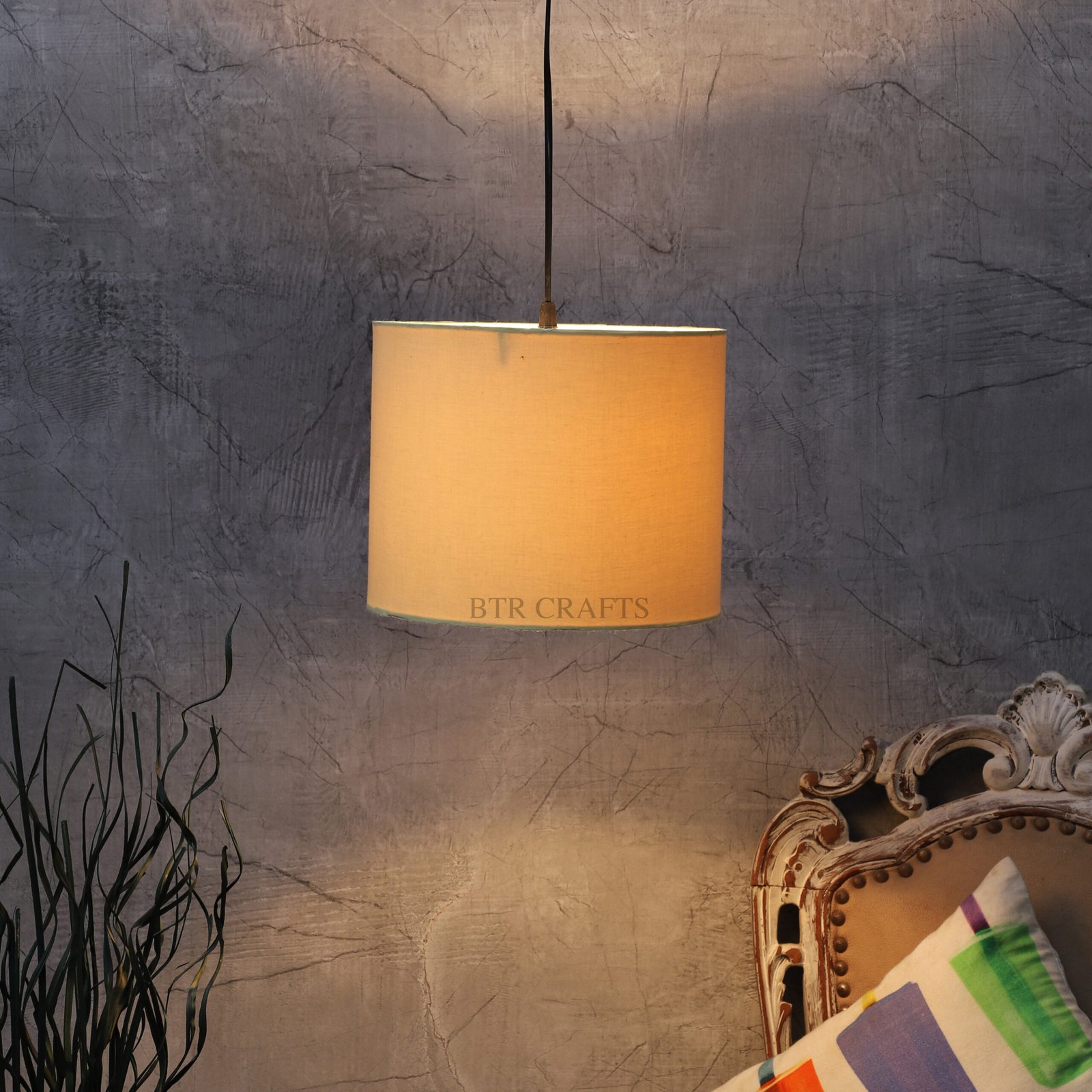 10 Inches Pendant/Hanging Ceiling Light Fixture, Pale Yellow Drum Shade, for Bedroom, Kitchen, Living Room, Dining Table, Lobby, Kitchen, Black/Silver Canopy