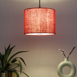 10 Inches Pendant/Hanging Ceiling Light Fixture, Red Jute Drum Shade, for Bedroom, Kitchen, Living Room, Dining Table, Lobby, Kitchen, Silver/Black Canopy