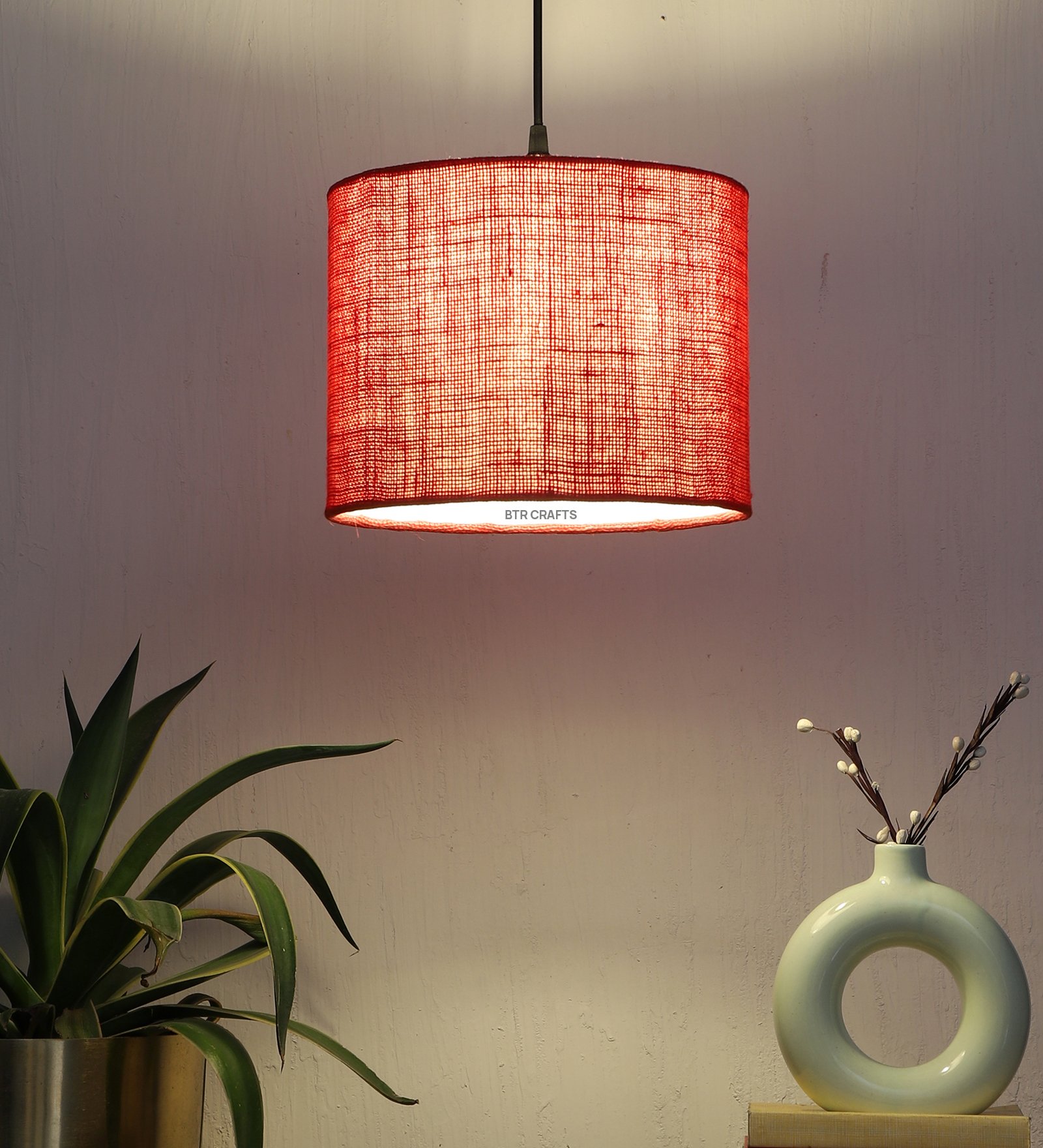 10 Inches Pendant/Hanging Ceiling Light Fixture, Red Jute Drum Shade, for Bedroom, Kitchen, Living Room, Dining Table, Lobby, Kitchen, Silver/Black Canopy