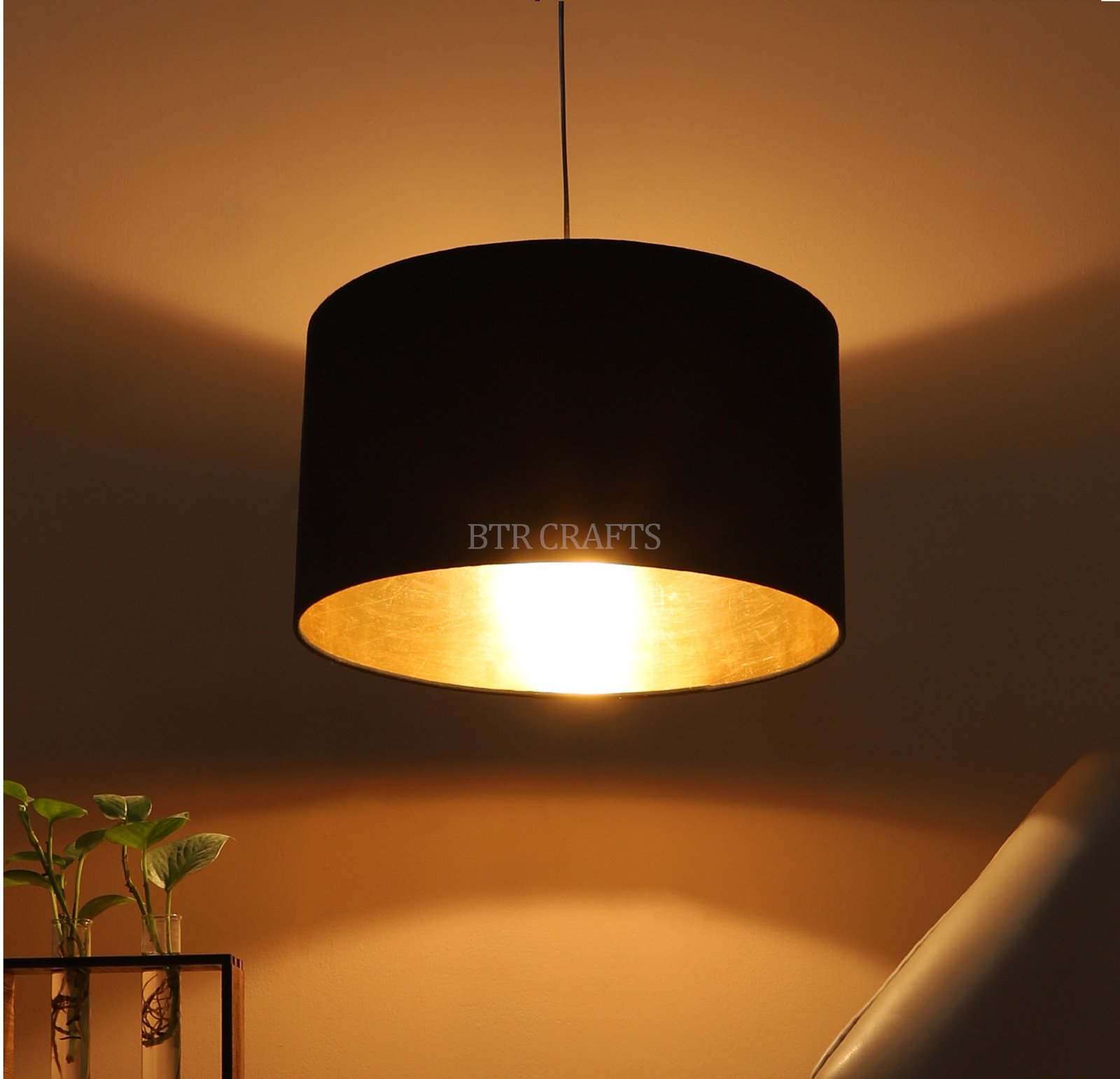 12 Inches Pendant/Hanging Ceiling Light Fixture, Inner Gold Drum Shade, for Bedroom, Kitchen, Living Room, Dining Table, Lobby, Kitchen, Silver/Black Canopy