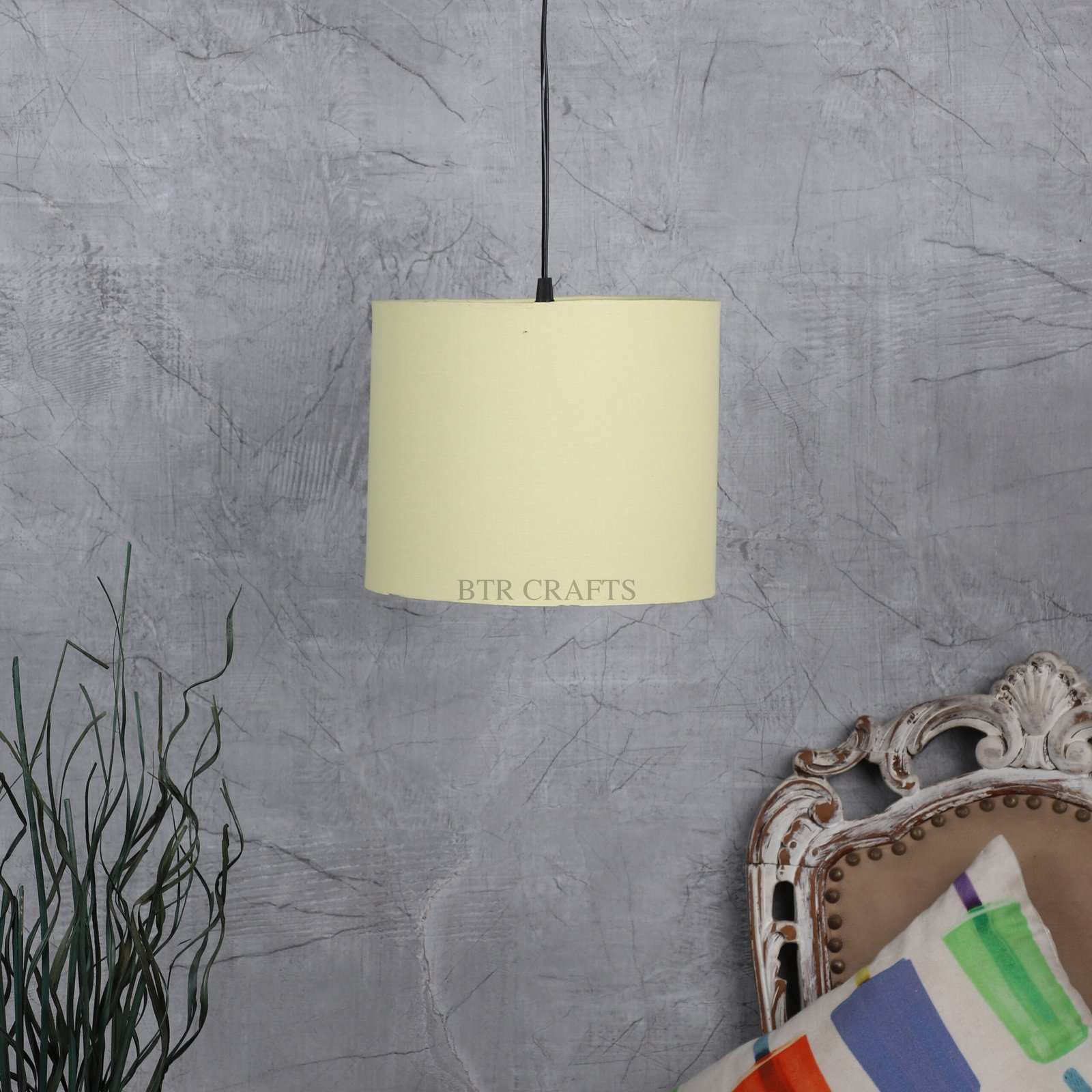 10 Inches Pendant/Hanging Ceiling Light Fixture, Pale Yellow Drum Shade, for Bedroom, Kitchen, Living Room, Dining Table, Lobby, Kitchen, Black/Silver Canopy - Image 2