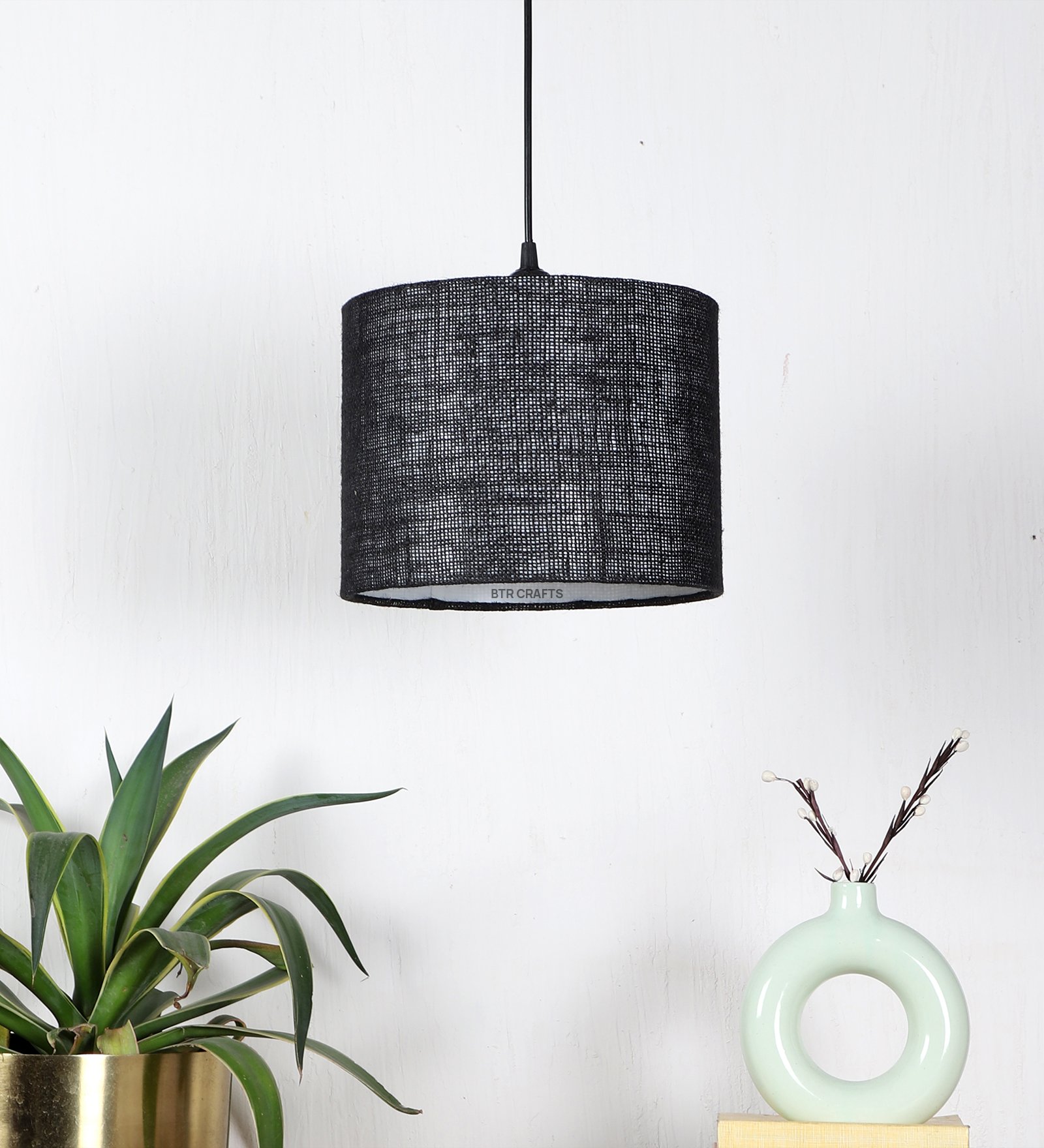 10 Inches Pendant/Hanging Ceiling Light Fixture, Black Jute Drum Shade, for Bedroom, Kitchen, Living Room, Dining Table, Lobby, Kitchen, Silver/Black Canopy - Image 2