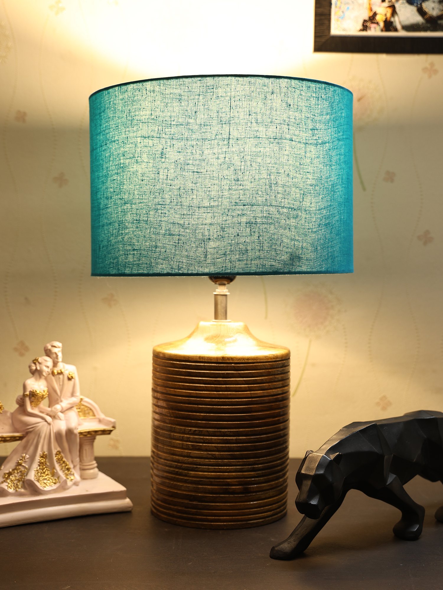 Coffee Brown Ribbed Circle Table Lamp, Side lamp for Bedroom, Dinning, Balcony, Office, Hotels & Home Decoration(TEAL)
