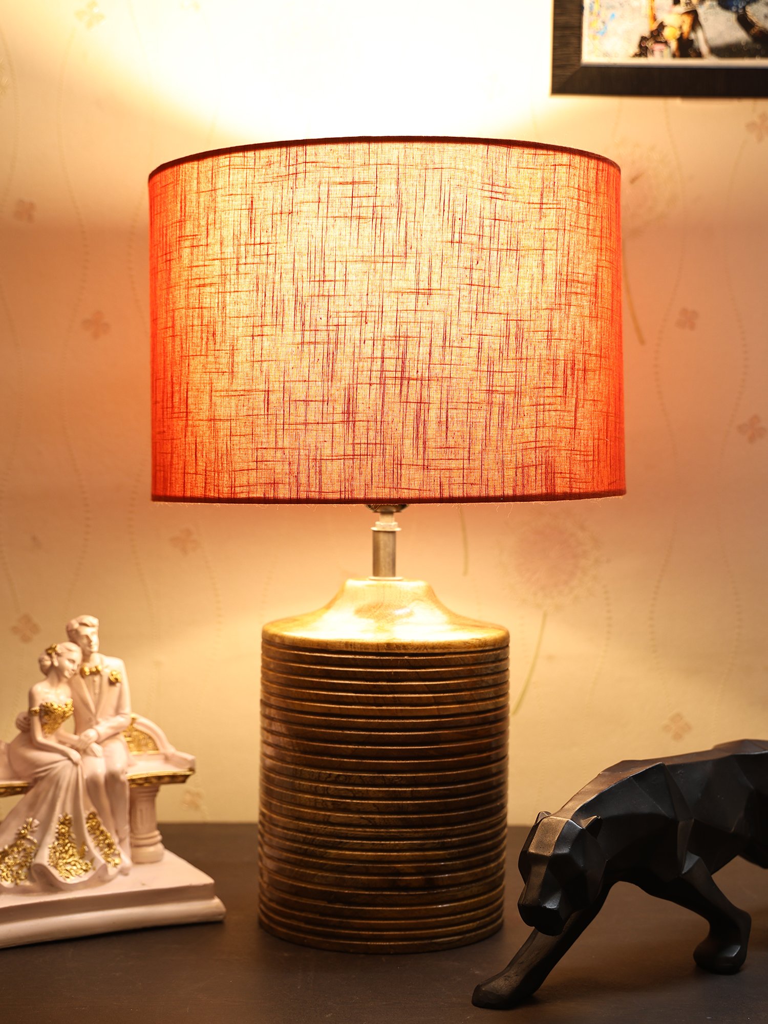 Coffee Brown Ribbed Circle Table Lamp, Side lamp for Bedroom, Dinning, Balcony, Office, Hotels & Home Decoration(RED TEXTURE)