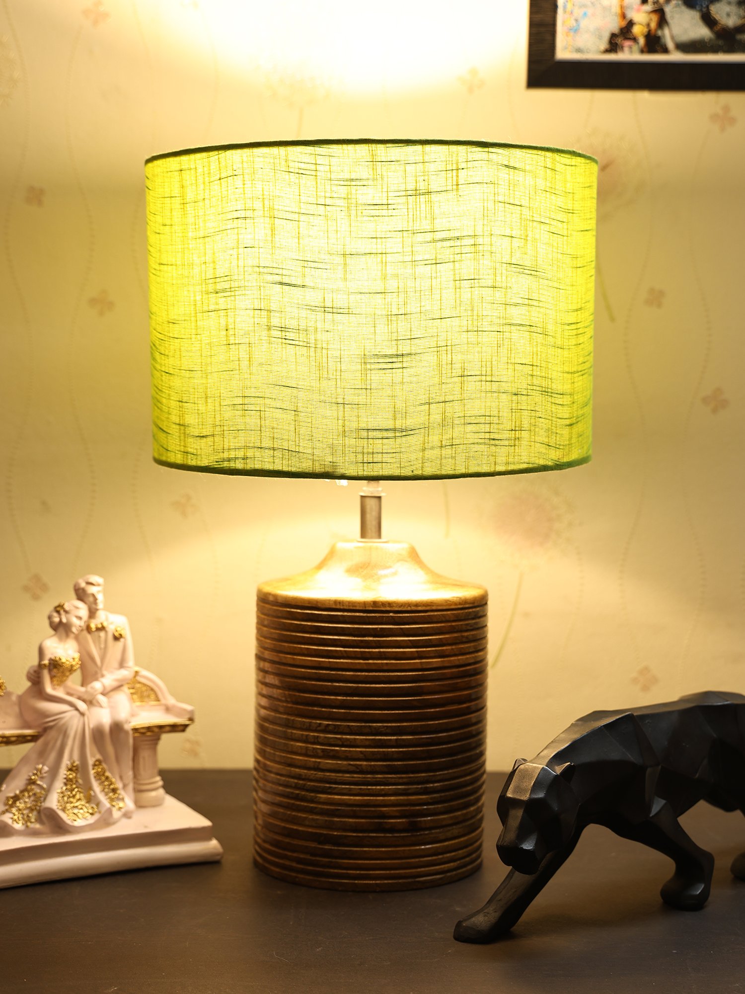 Coffee Brown Ribbed Circle Table Lamp, Side lamp for Bedroom, Dinning, Balcony, Office, Hotels & Home Decoration(GREEN TEXTURE)