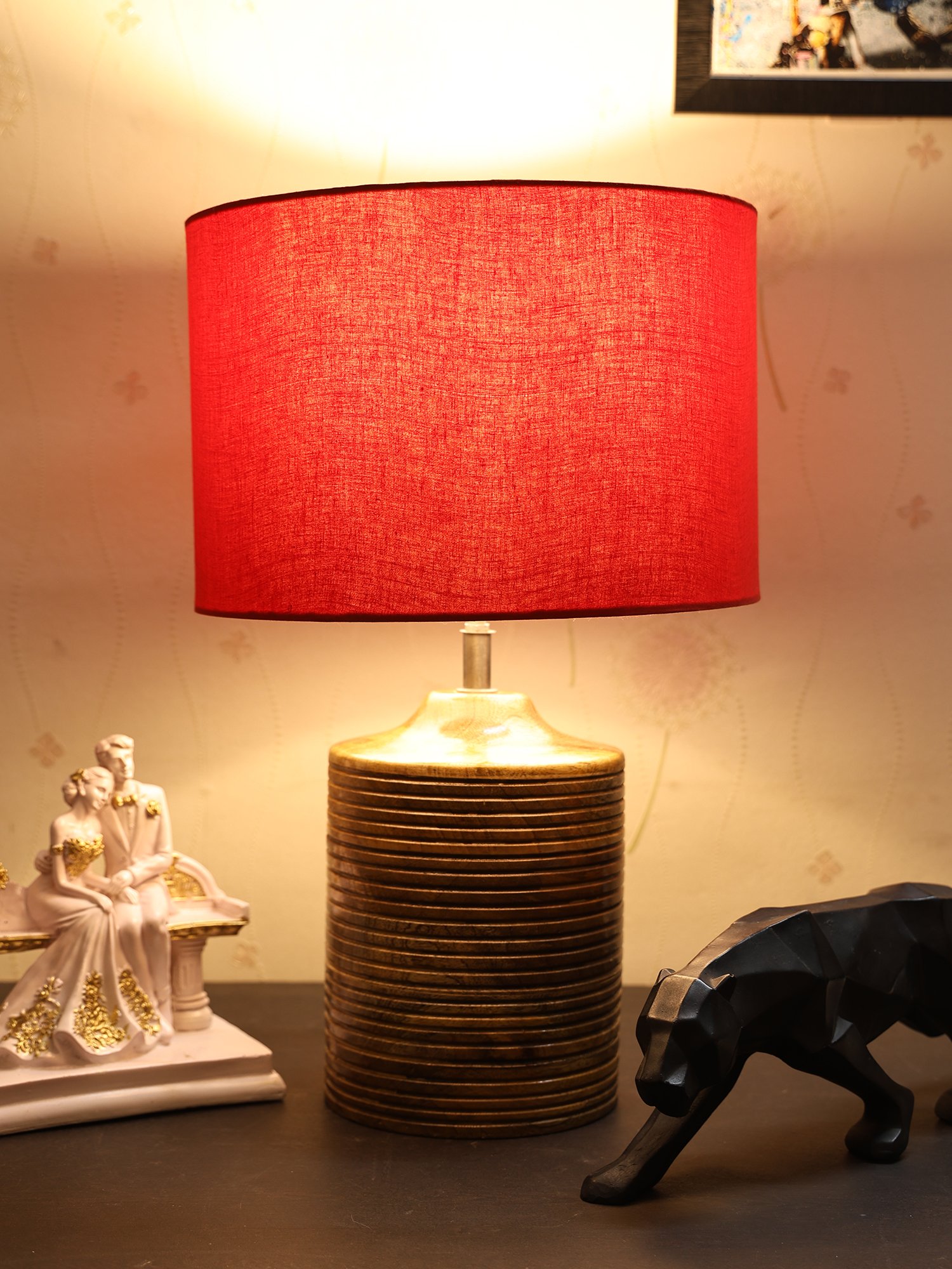 Coffee Brown Ribbed Circle Table Lamp, Side lamp for Bedroom, Dinning, Balcony, Office, Hotels & Home Decoration(RED)