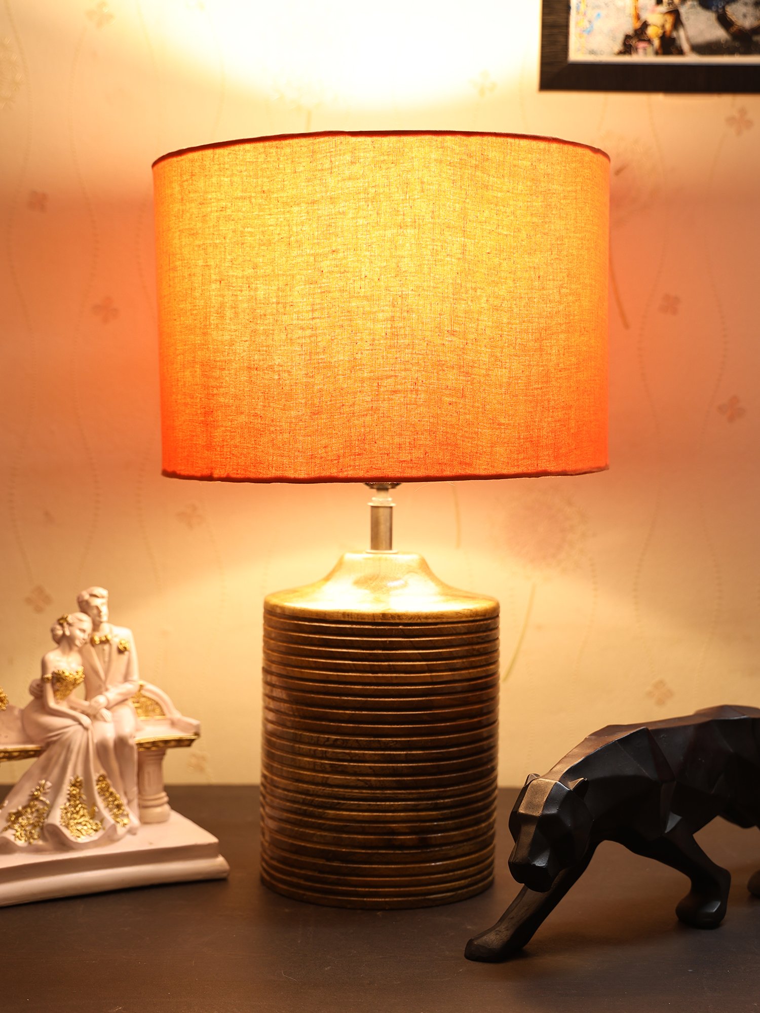 Coffee Brown Ribbed Circle Table Lamp, Side lamp for Bedroom, Dinning, Balcony, Office, Hotels & Home Decoration(ORANGE)