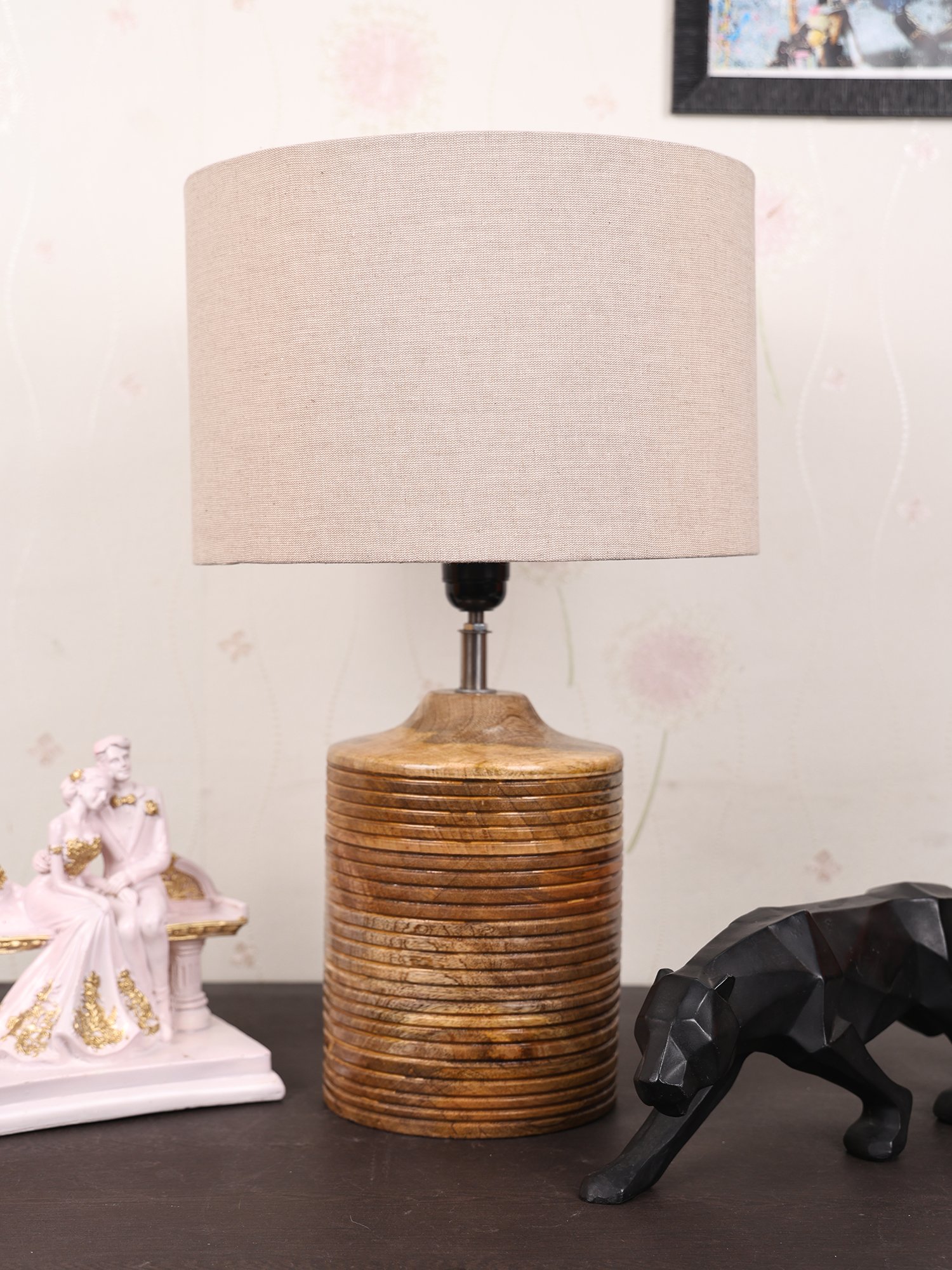 Coffee Brown Ribbed Circle Table Lamp, Side lamp for Bedroom, Dinning, Balcony, Office, Hotels & Home Decoration(BEIGE) - Image 3