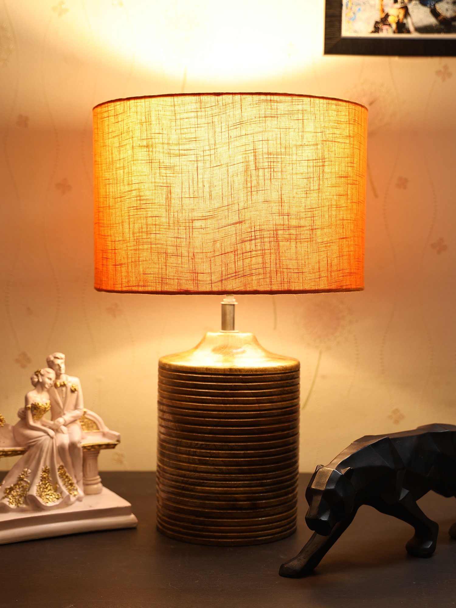 Coffee Brown Ribbed Circle Table Lamp, Side lamp for Bedroom, Dinning, Balcony, Office, Hotels & Home Decoration(ORANGE TEXTURE)
