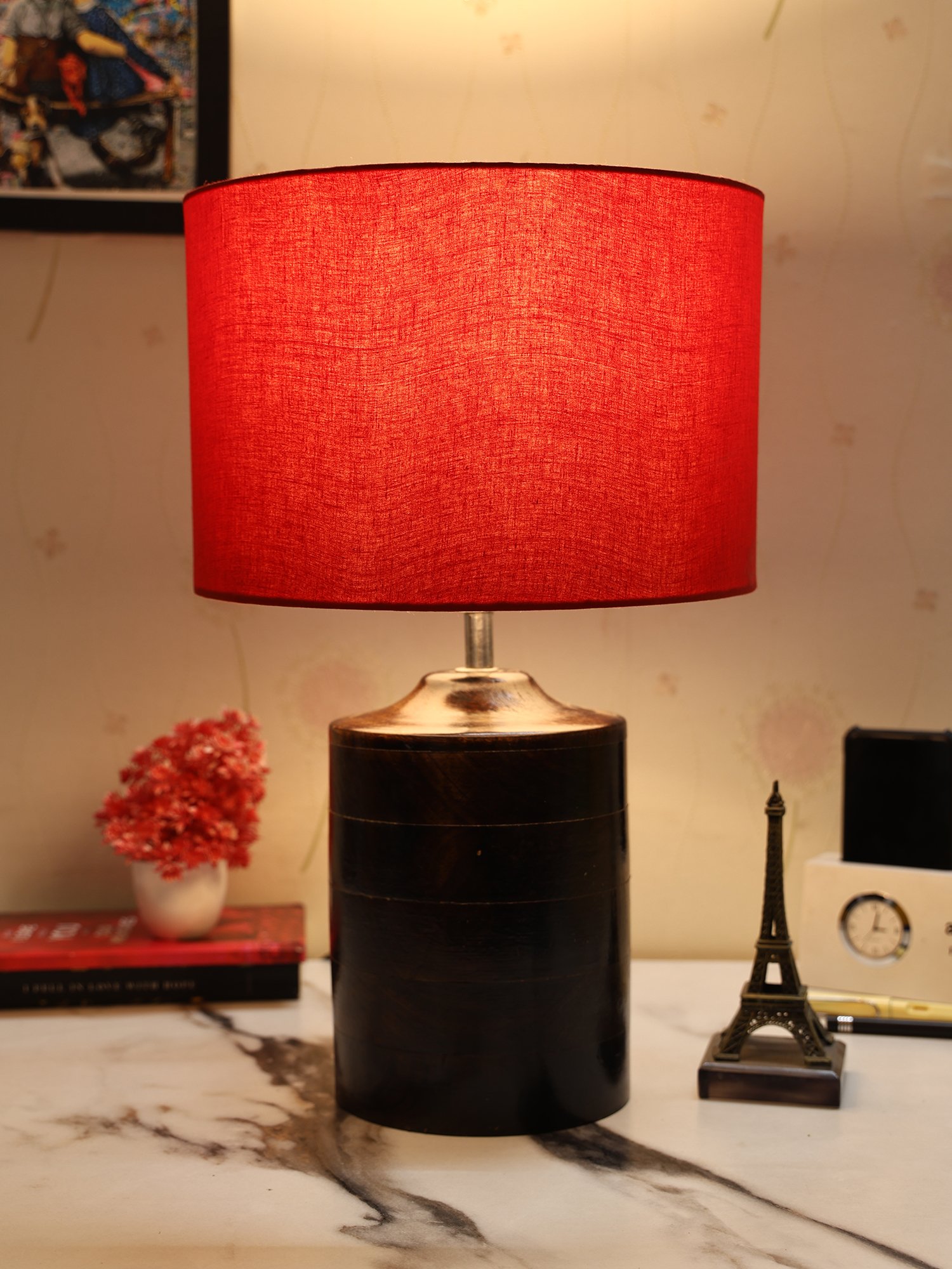 Dark Heavy Matki Ribbed Circle Table Lamp, Side lamp for Bedroom, Dinning, Balcony, Office, Hotels & Home Decoration(RED)