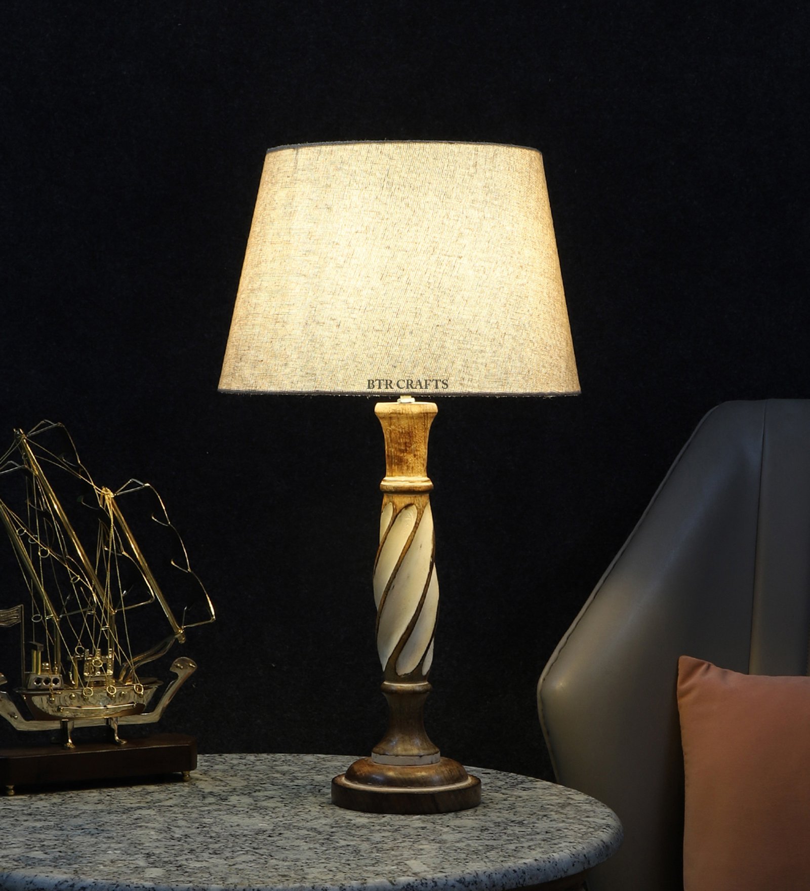 BTR CRAFTS Twister Wooden Premium JuteTable Lamp (Bulb Not Included)