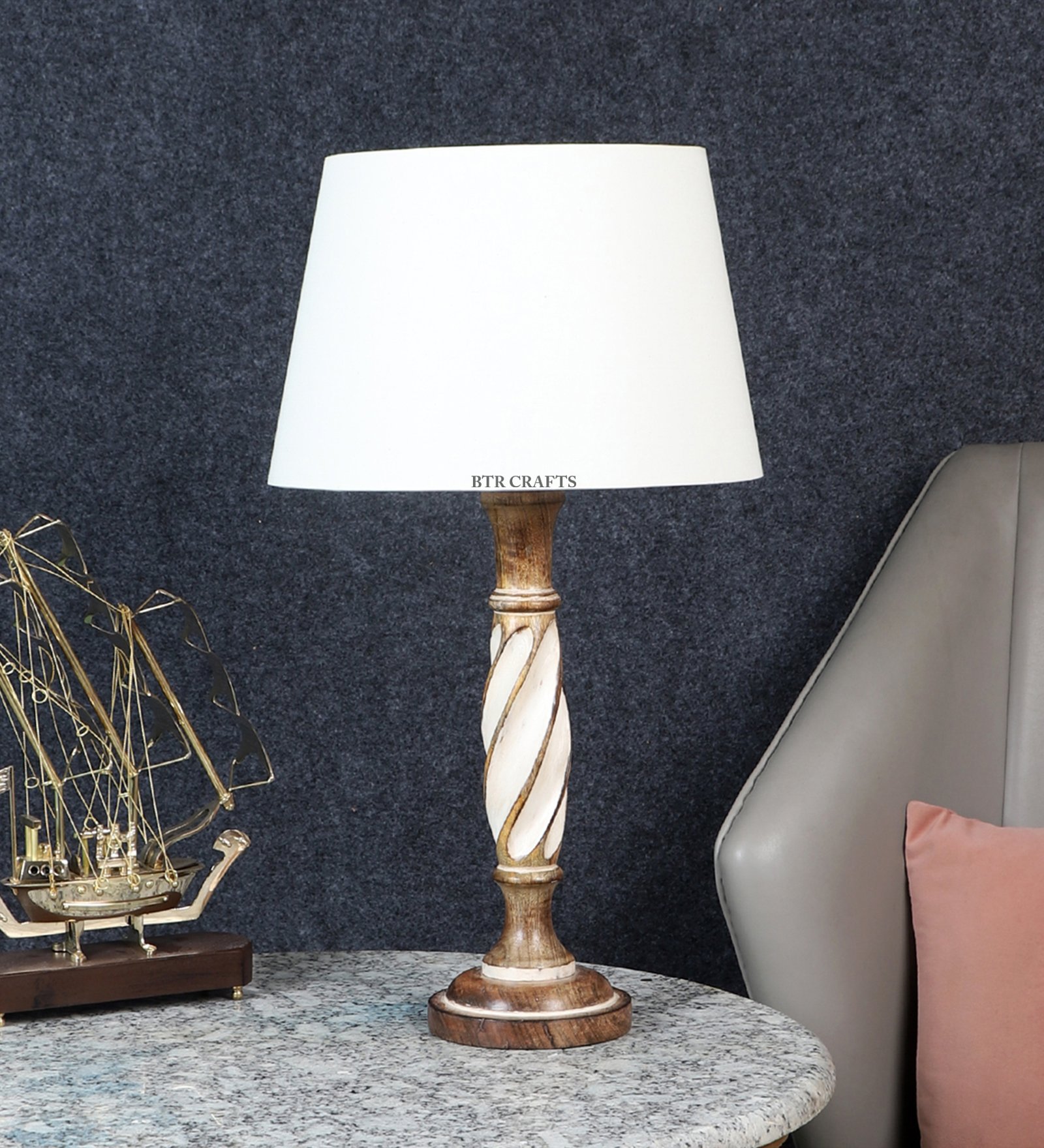 BTR CRAFTS Twister Wooden Cream Table Lamp (Bulb Not Included) - Image 2
