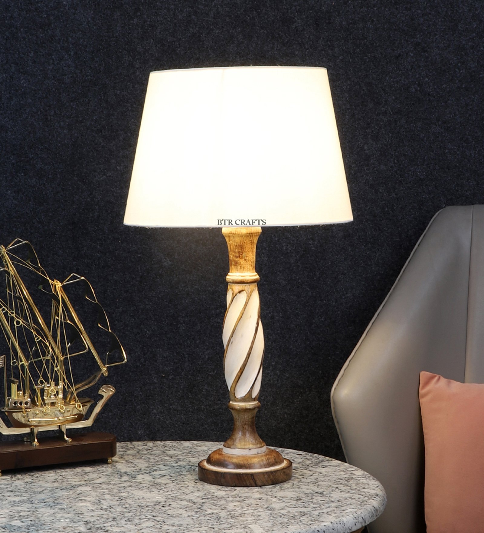 BTR CRAFTS Twister Wooden Cream Table Lamp (Bulb Not Included) - Image 3