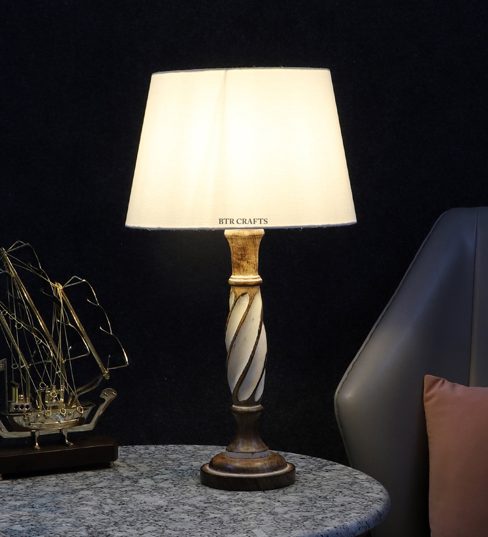 BTR CRAFTS Twister Wooden Cream Table Lamp (Bulb Not Included)