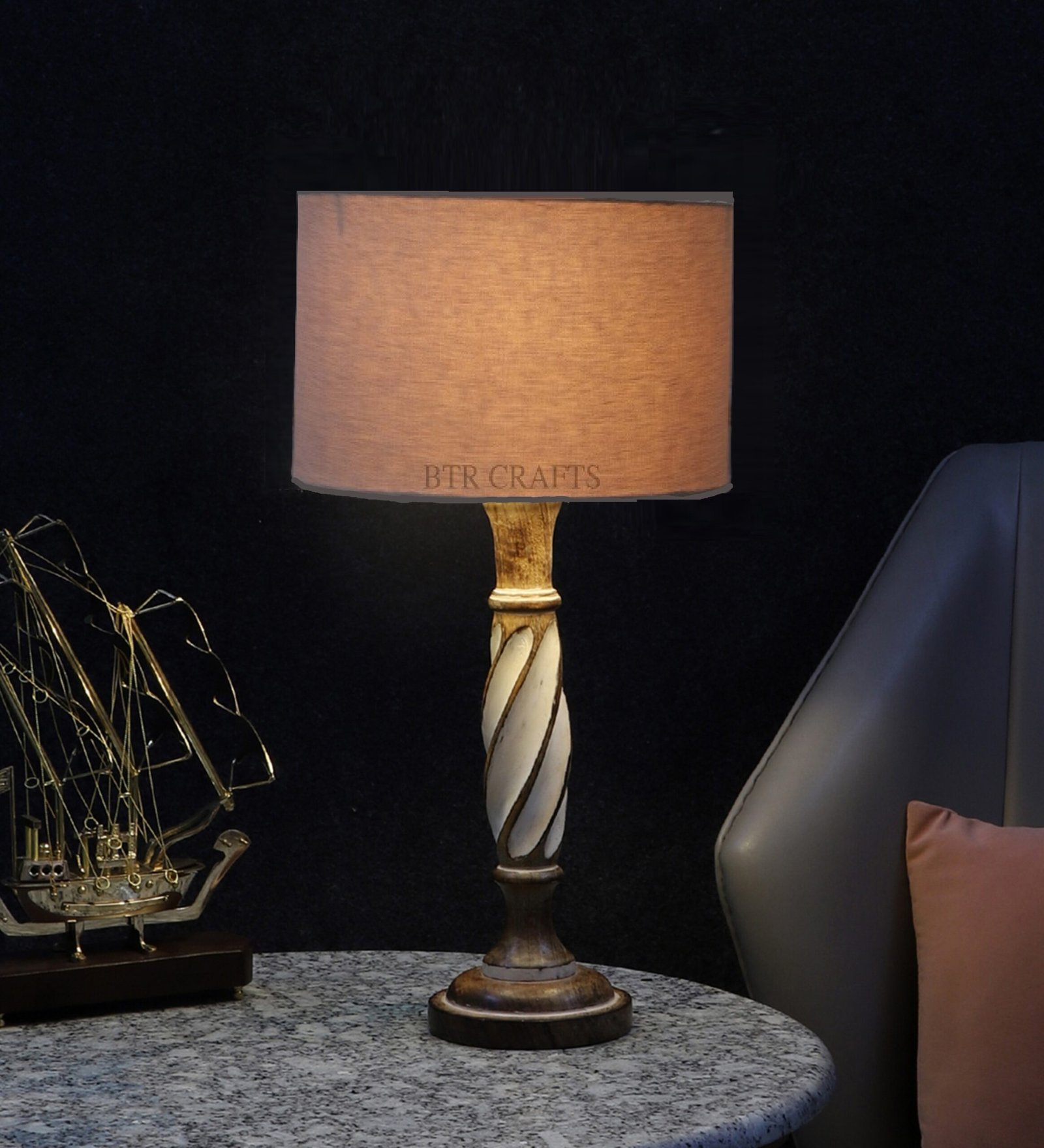 Twister Wooden Table Lamp, Side Table lamp for Bedroom, Night Table lamp Complete Set-(Beige)