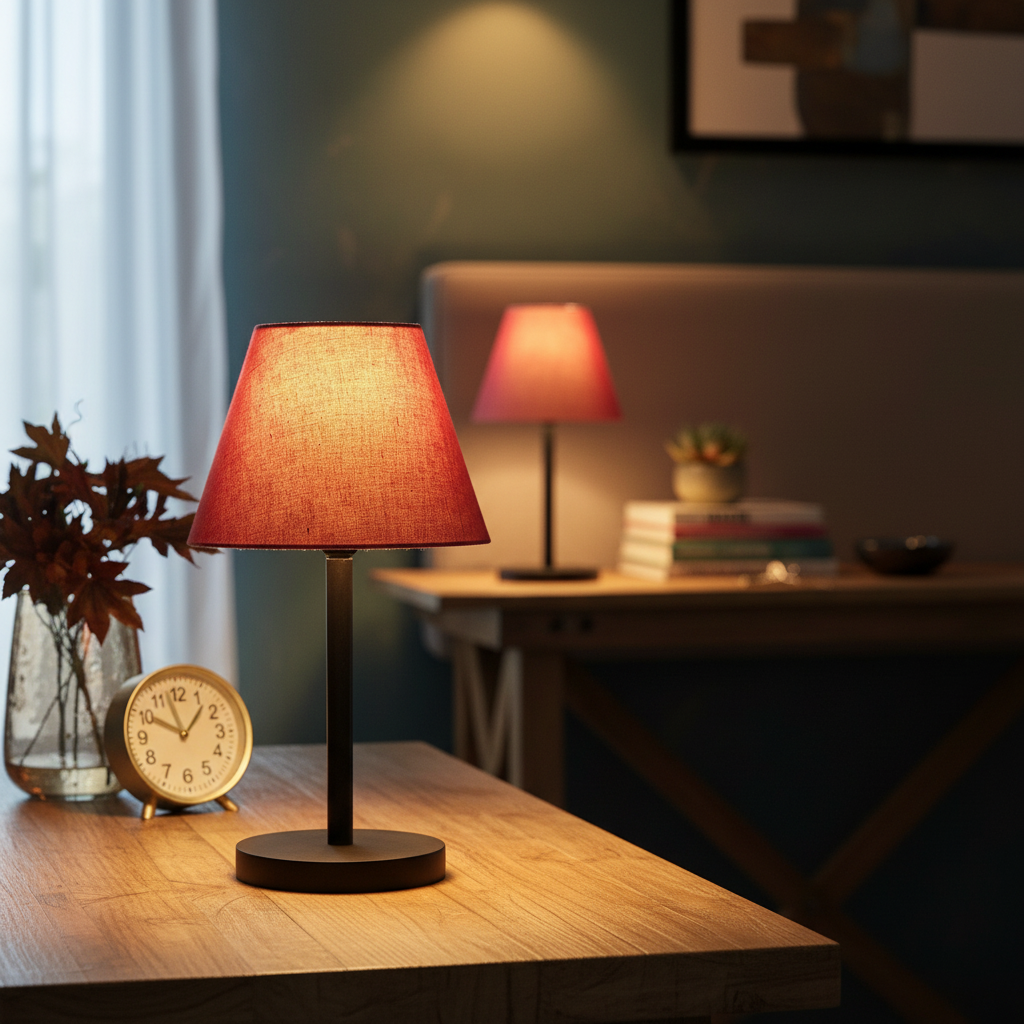 Black Bedside Lamp with Fabric Shade Minimalist Lamp for Bedroom, Living Room & Office – Warm Ambient Nightstand Light (Red Texture) - Image 6