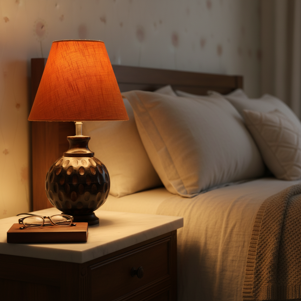 Rustic Wooden Bedside Table Lamp with Linen Shade – Traditional Night Lamp for Home Décor, Pack Of 1(Orange Texture) - Image 8