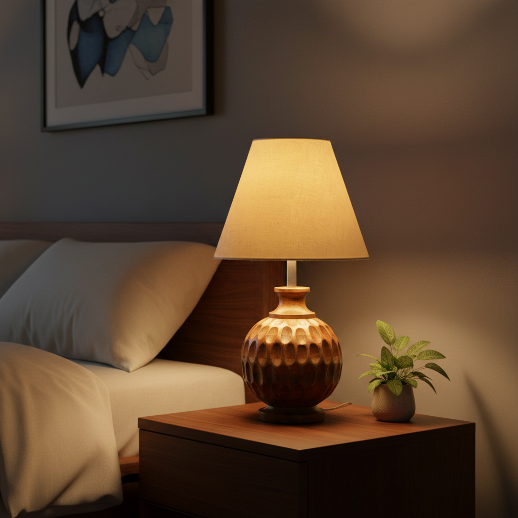 Artisan Carved Wood Table Lamp – Elegant Bedroom & Living Room Accent Light, Pack Of 1(Pale Yellow) - Image 6