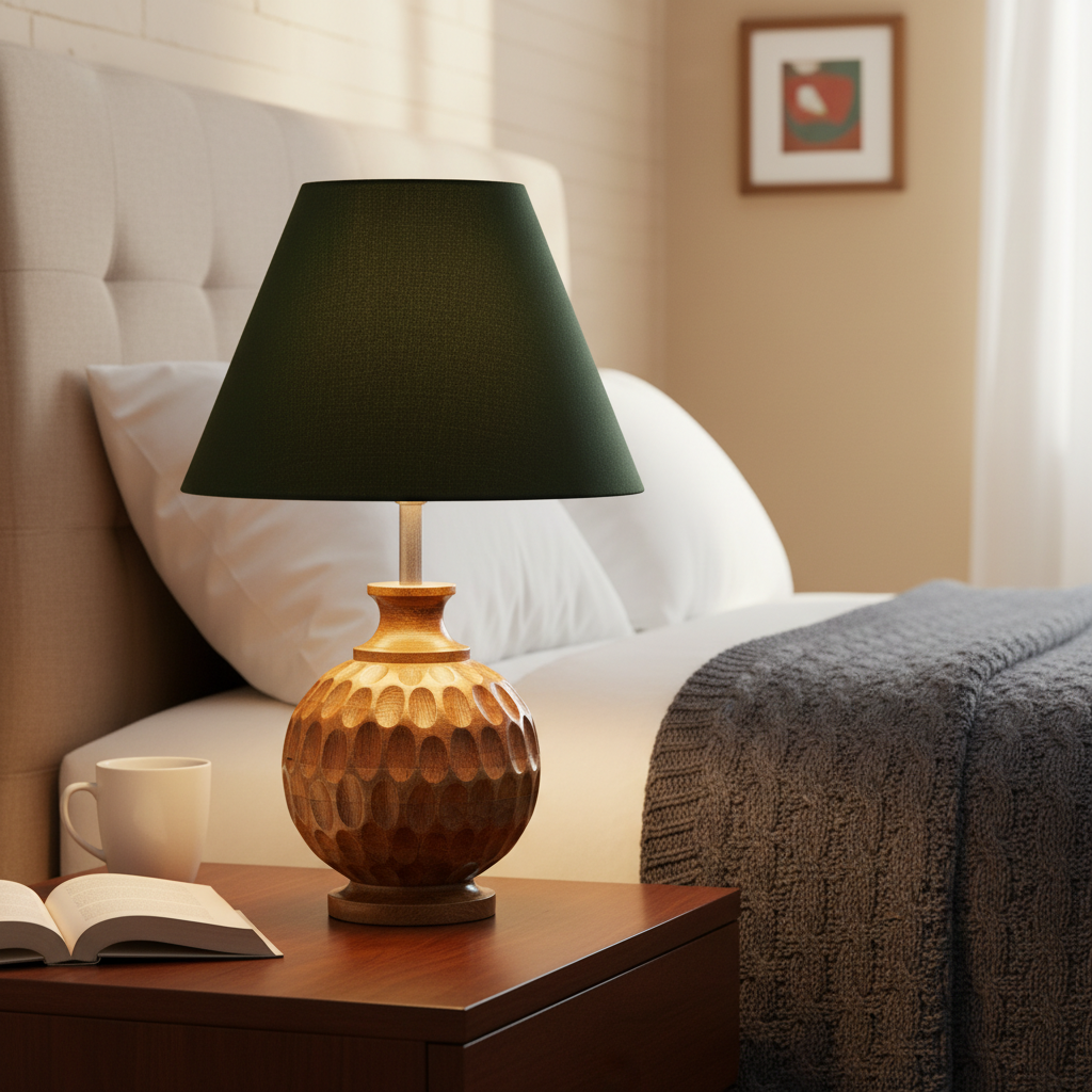 Artisan Carved Wood Table Lamp – Elegant Bedroom & Living Room Accent Light, Pack Of 1(Dark Green) - Image 6