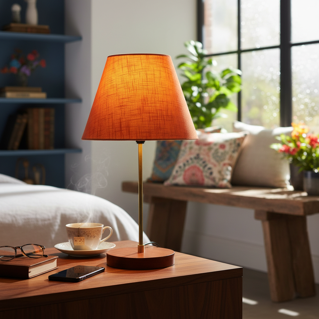 Decorative Brown Table Lamp with Conical Shade – Stylish Bedside & Reading Lamp for Home Décor(Orange Texture)