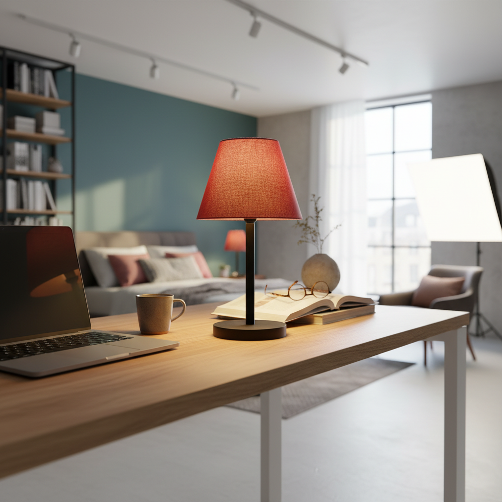 Black Bedside Lamp with Fabric Shade Minimalist Lamp for Bedroom, Living Room & Office – Warm Ambient Nightstand Light (Red Texture) - Image 5